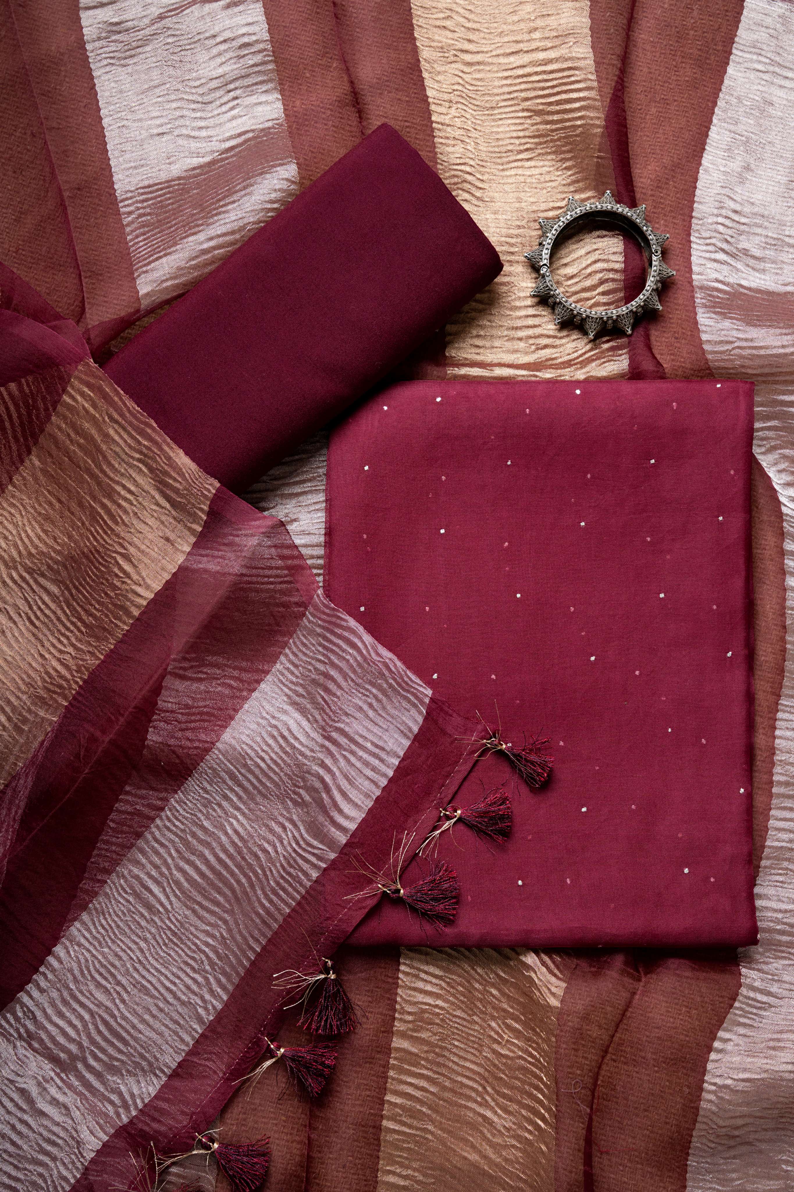 Deep Wine Color Organza  Mukaish Worl Kurta and two tone Crush Tissue Stripes Dupatta Suit Material
