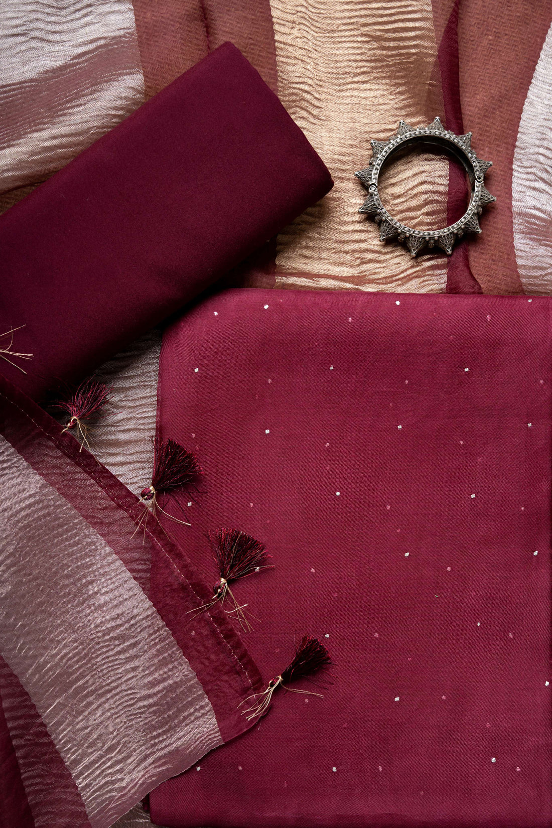 Deep Wine Color Organza  Mukaish Worl Kurta and two tone Crush Tissue Stripes Dupatta Suit Material