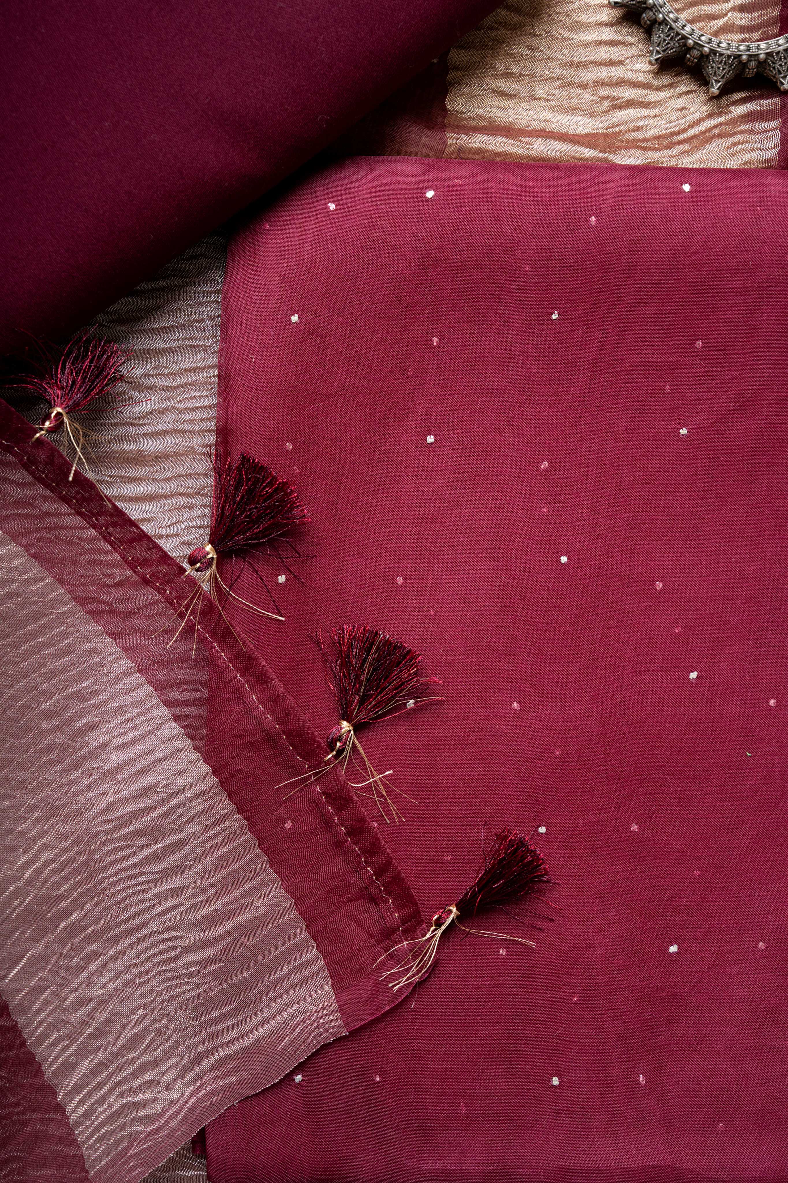 Deep Wine Color Organza  Mukaish Worl Kurta and two tone Crush Tissue Stripes Dupatta Suit Material