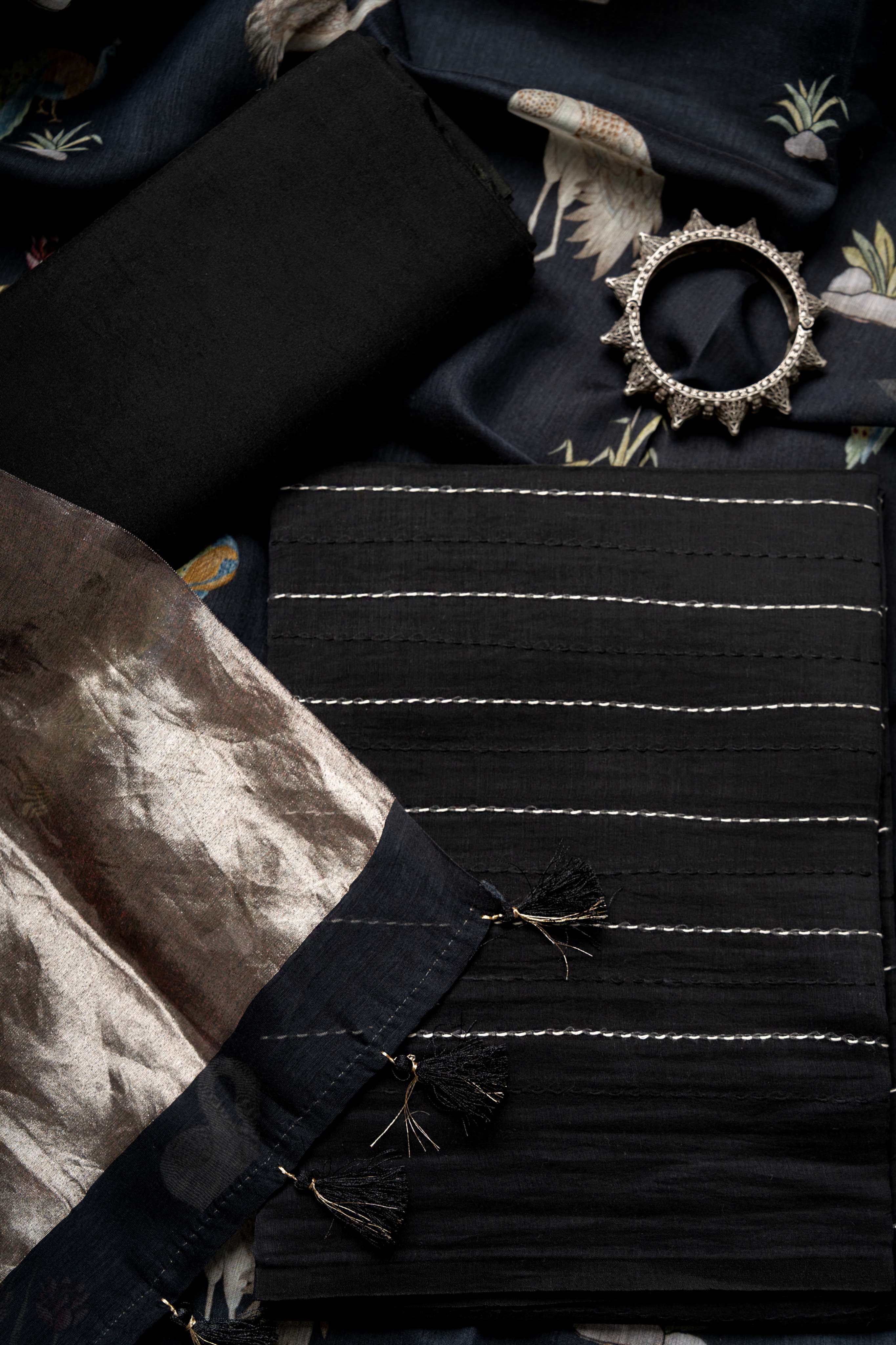 Black Tissue Pallu Chanderi Digital Print Dupatta and Kantha Kurta with bottom