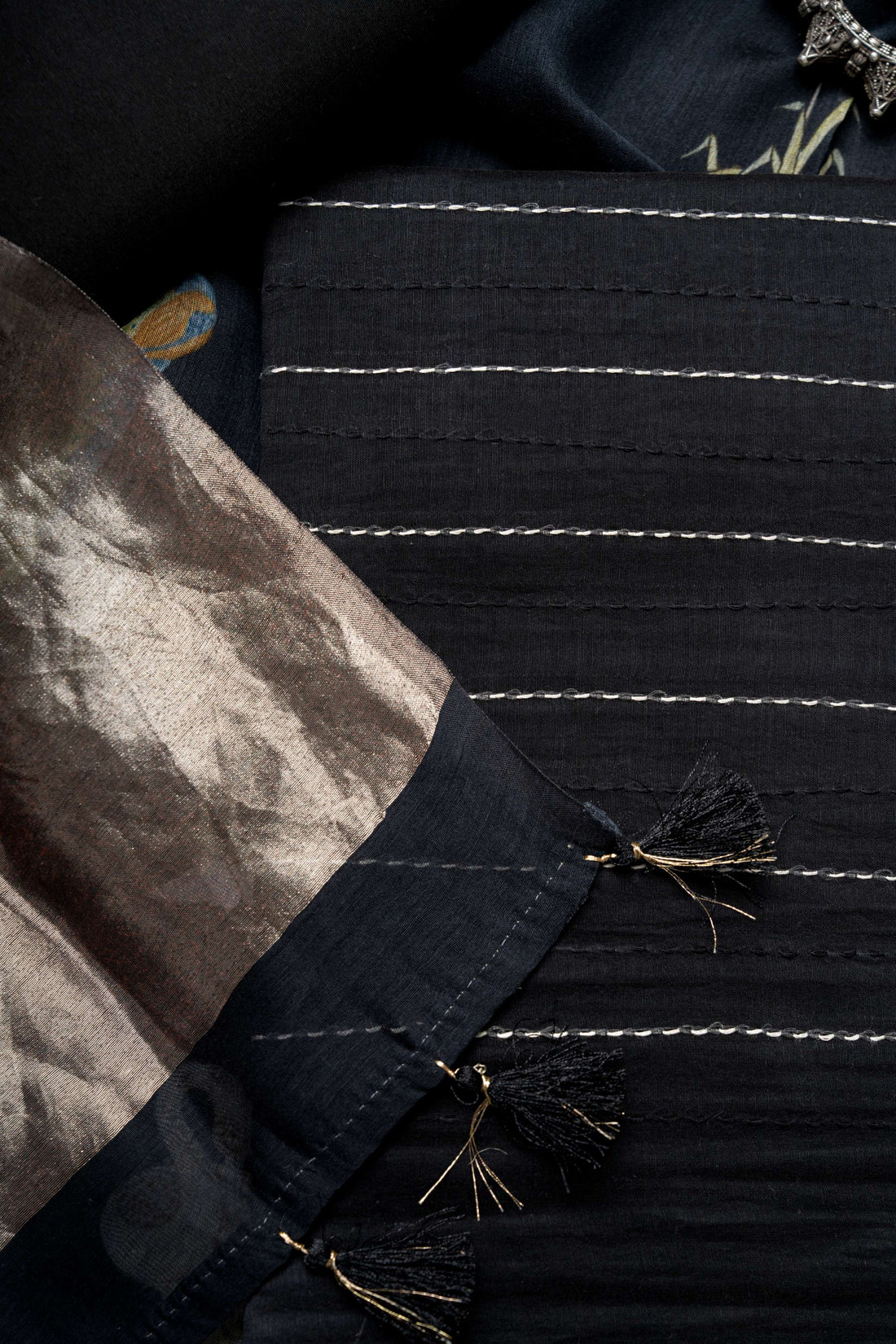 Black Tissue Pallu Chanderi Digital Print Dupatta and Kantha Kurta with bottom