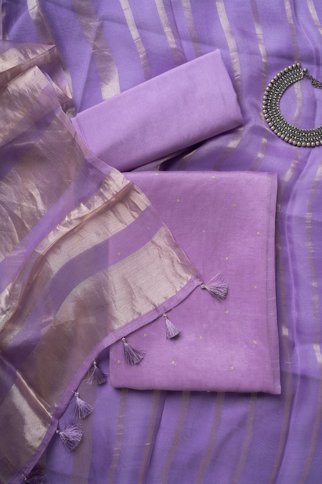 Lavender Organza Kurta with Zari Work and Tissue Stripes Dupatta Suit Material