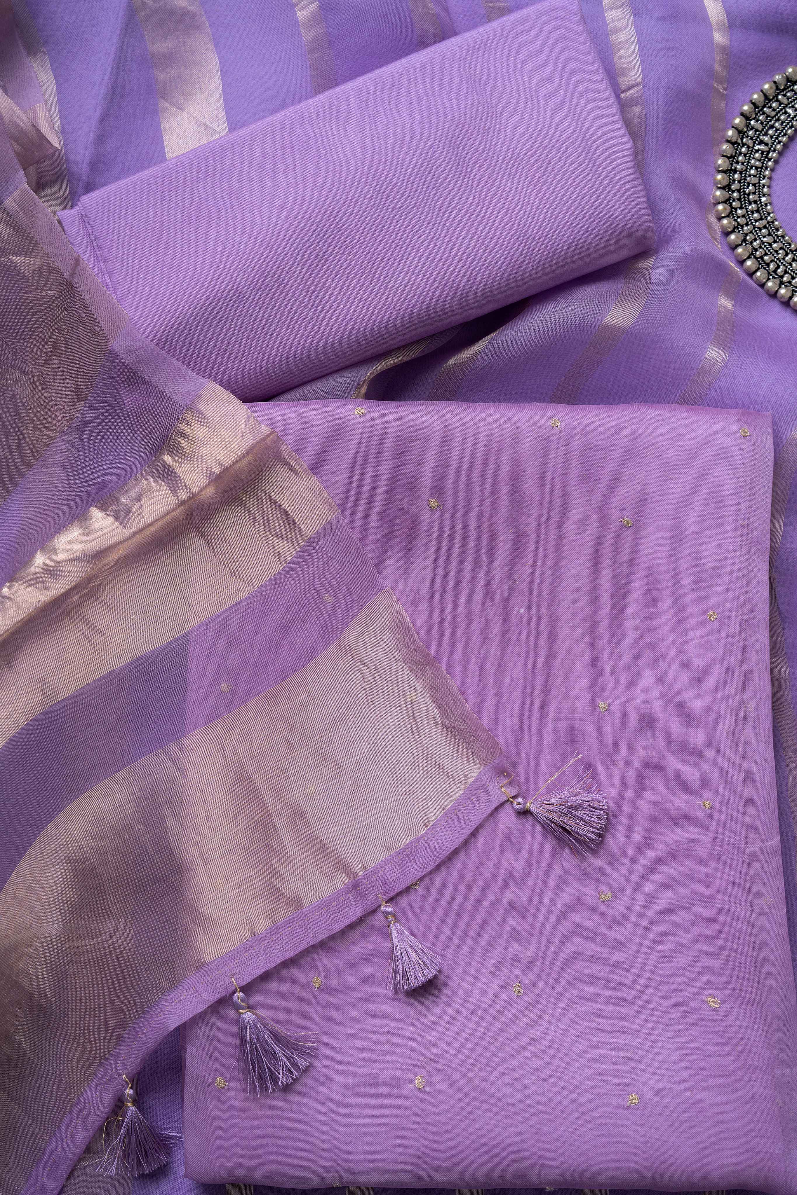 Lavender Organza Kurta with Zari Work and Tissue Stripes Dupatta Suit Material