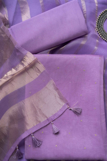 Lavender Organza Kurta with Zari Work and Tissue Stripes Dupatta Suit Material