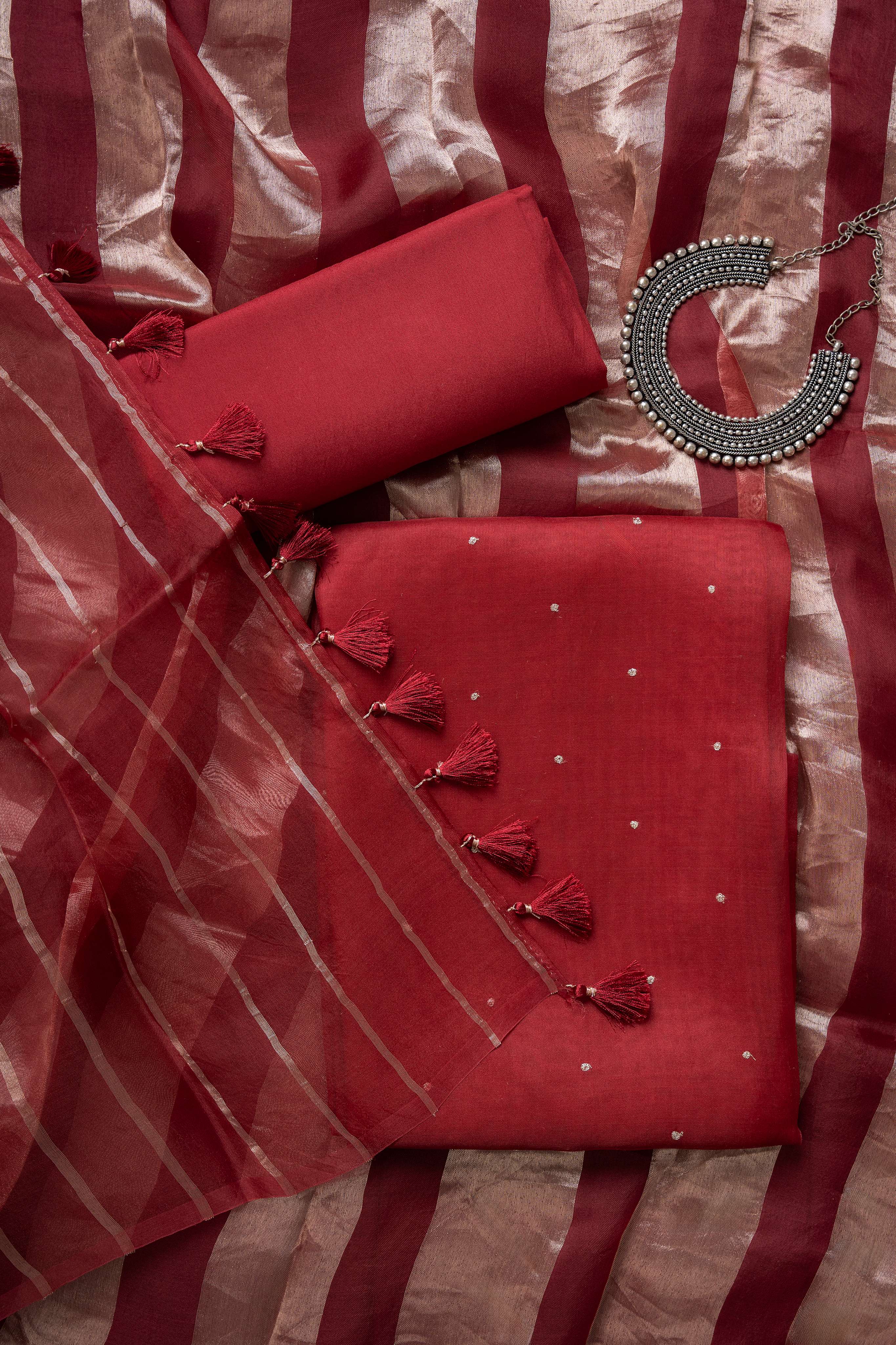 Maroon Organza Kurta with Zari Work and Tissue Stripes Dupatta Suit Material