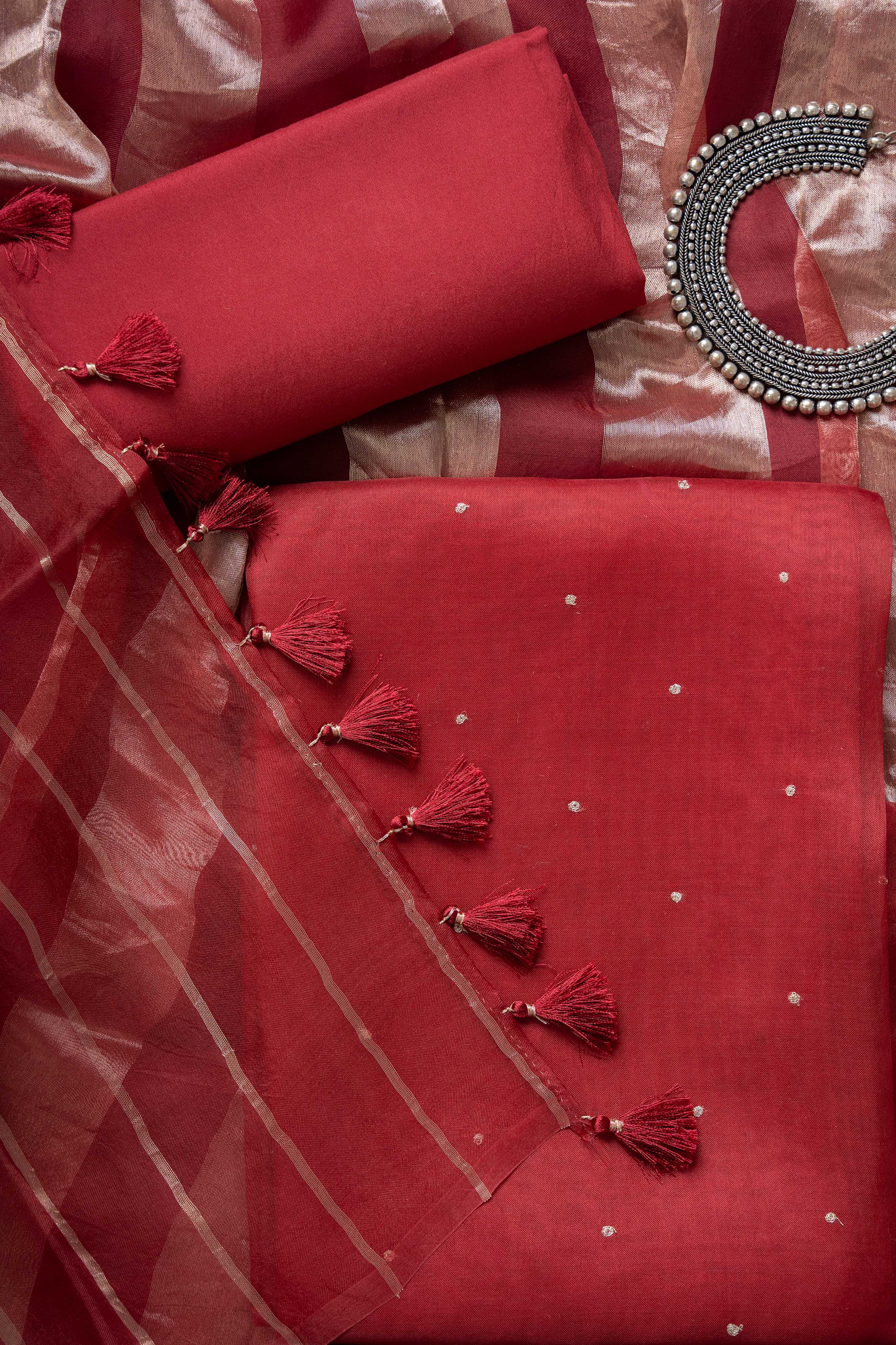 Maroon Organza Kurta with Zari Work and Tissue Stripes Dupatta Suit Material