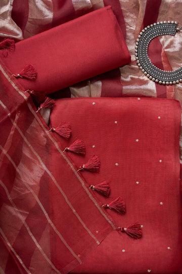 Maroon Organza Kurta with Zari Work and Tissue Stripes Dupatta Suit Material