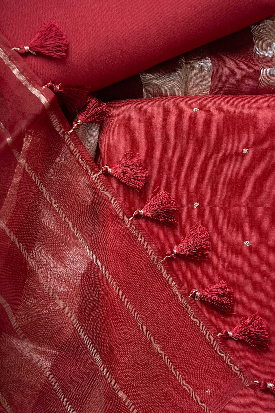 Maroon Organza Kurta with Zari Work and Tissue Stripes Dupatta Suit Material