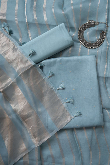 Slate Blue Organza Kurta with Zari Work and Tissue Stripes Dupatta Suit Material