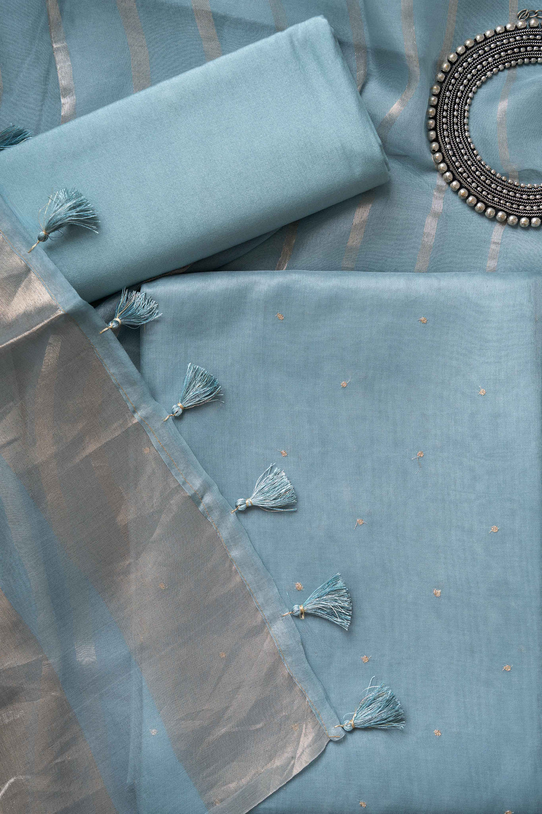 Slate Blue Organza Kurta with Zari Work and Tissue Stripes Dupatta Suit Material