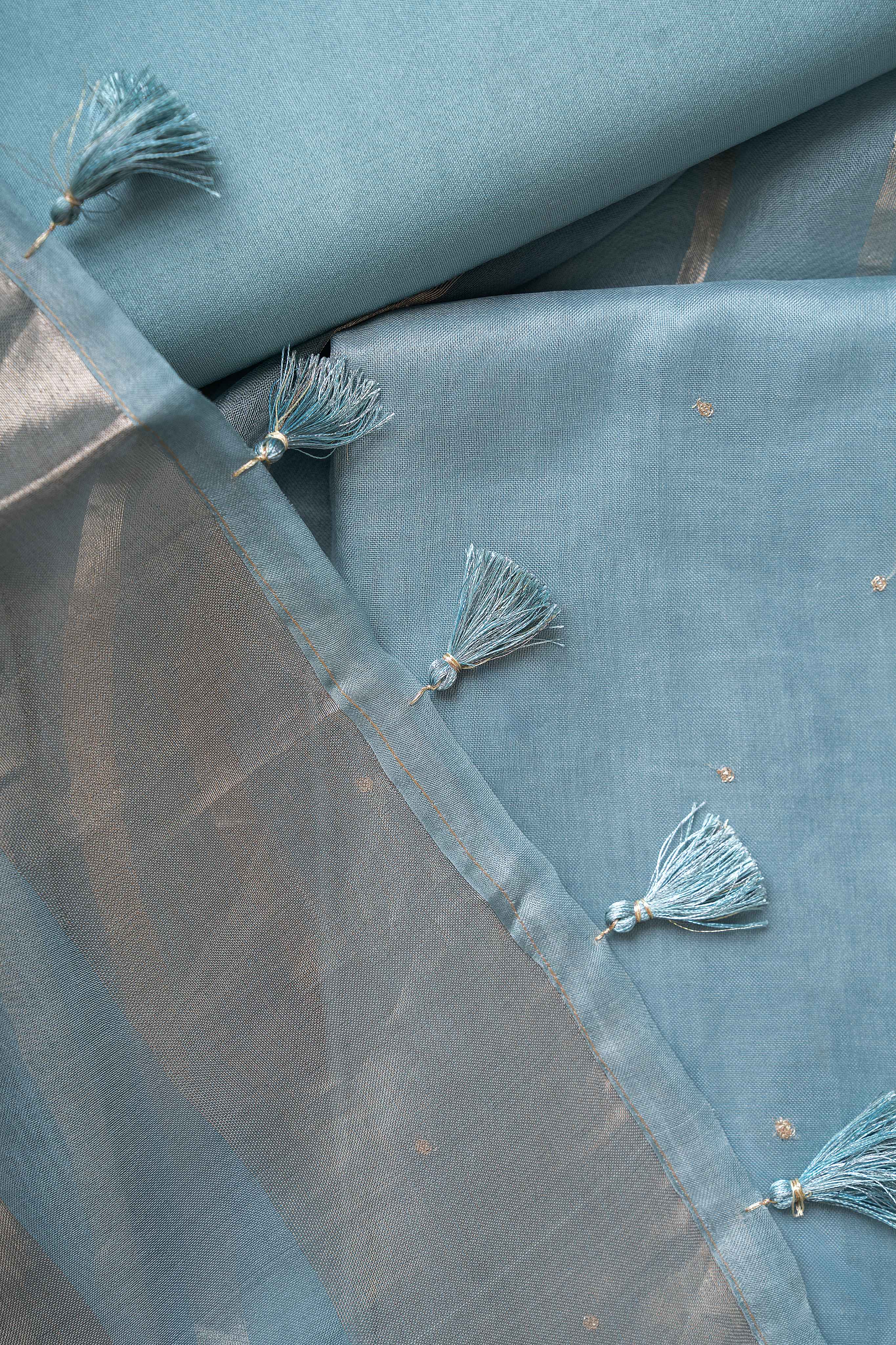 Slate Blue Organza Kurta with Zari Work and Tissue Stripes Dupatta Suit Material