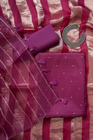 Plum Purple organza Kurta with Zari Work and Tissue Stripes Dupatta Suit Material