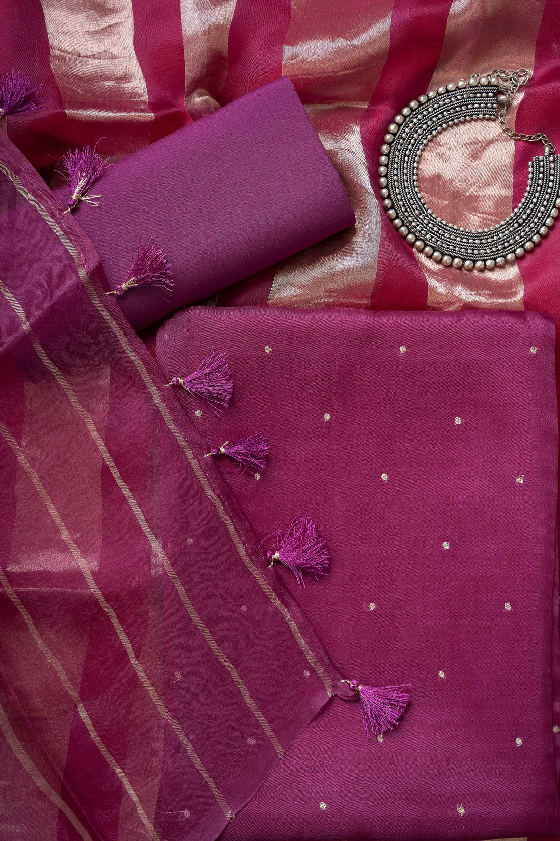 Plum Purple organza Kurta with Zari Work and Tissue Stripes Dupatta Suit Material