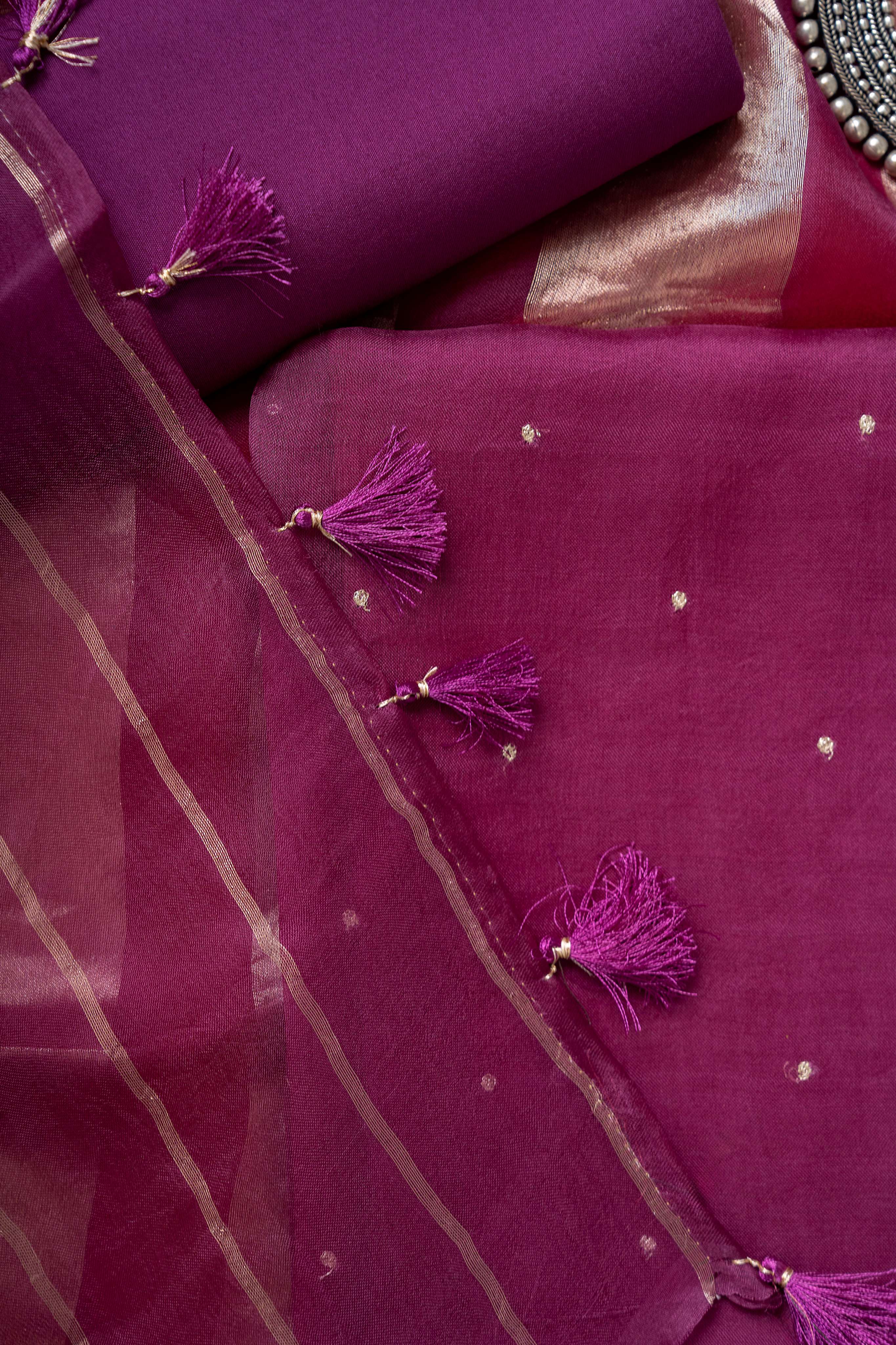 Plum Purple organza Kurta with Zari Work and Tissue Stripes Dupatta Suit Material