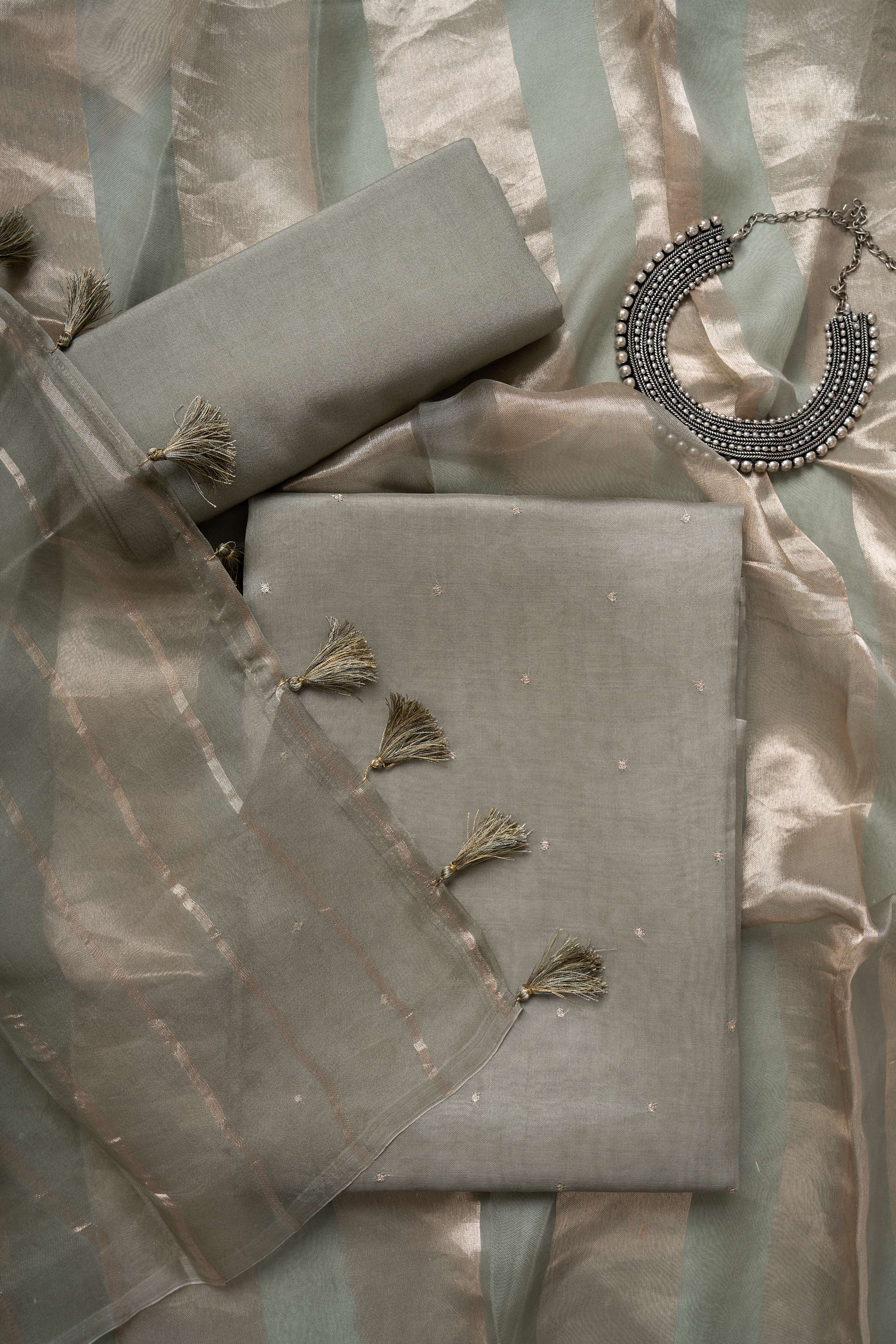 Sage Green organza Kurta with Zari Work and Tissue Stripes Dupatta Suit