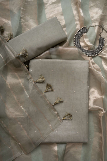 Sage Green organza Kurta with Zari Work and Tissue Stripes Dupatta Suit