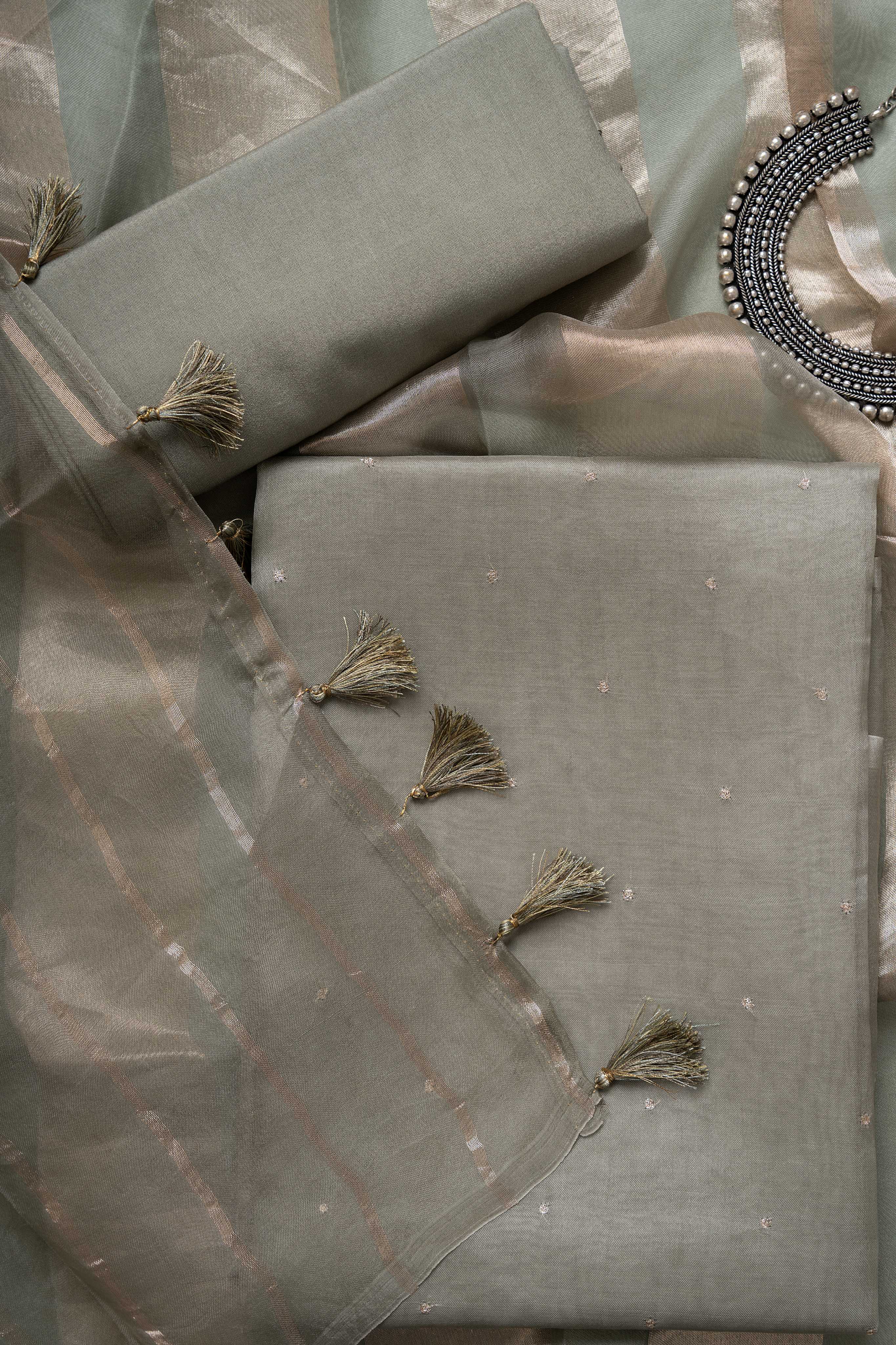 Sage Green organza Kurta with Zari Work and Tissue Stripes Dupatta Suit