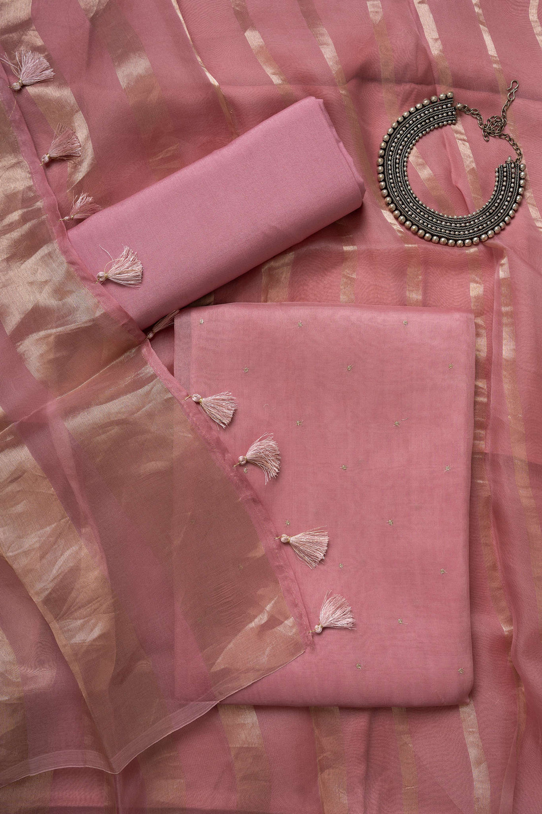 Misty Pink organza Kurta with Zari Work and Tissue Stripes Dupatta Suit Material