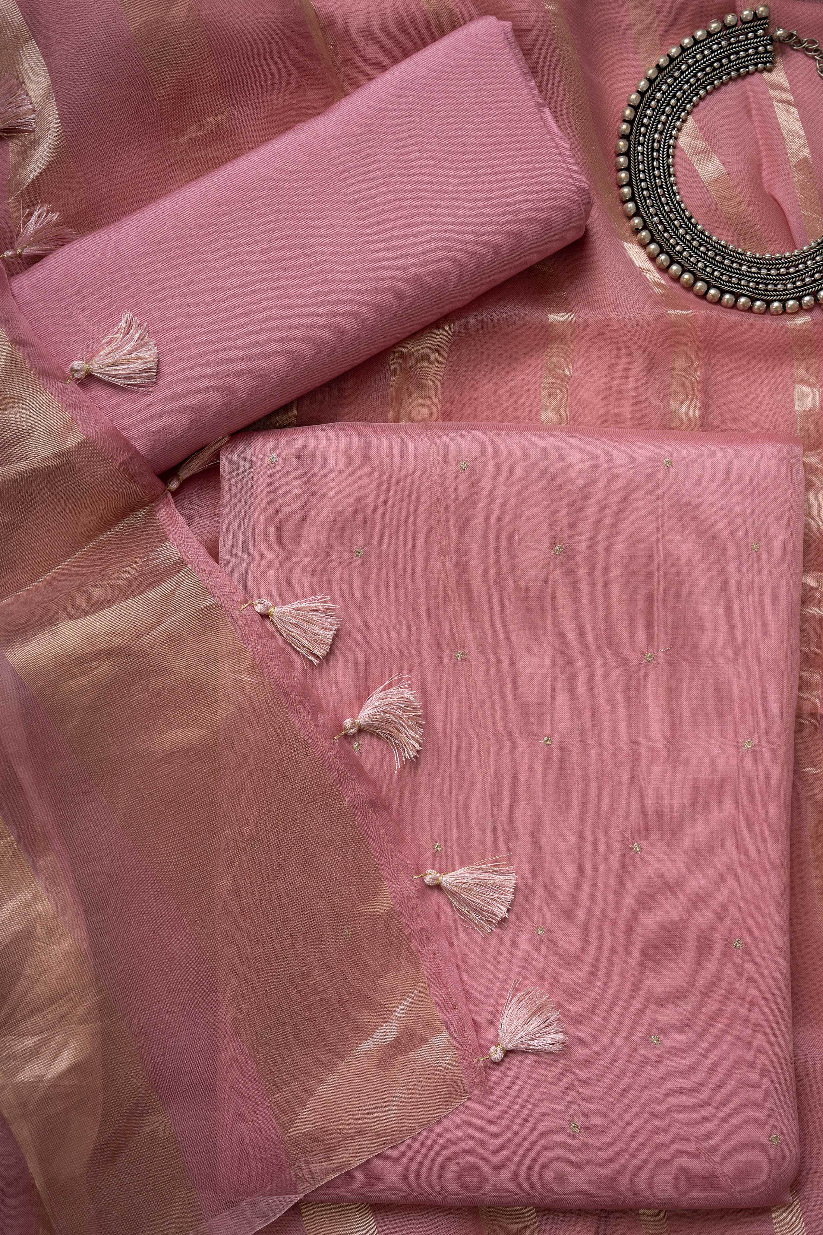 Misty Pink organza Kurta with Zari Work and Tissue Stripes Dupatta Suit Material