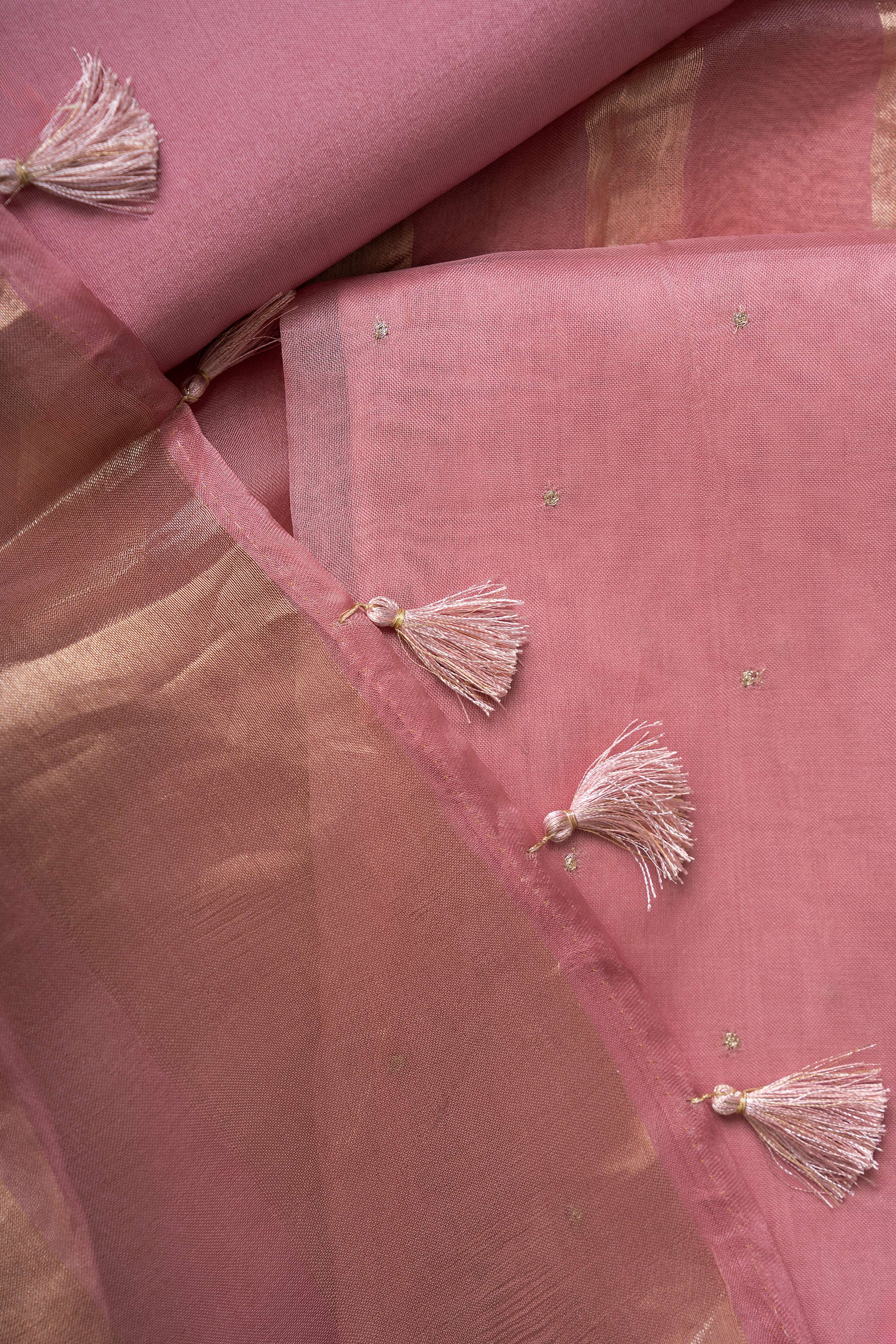Misty Pink organza Kurta with Zari Work and Tissue Stripes Dupatta Suit Material