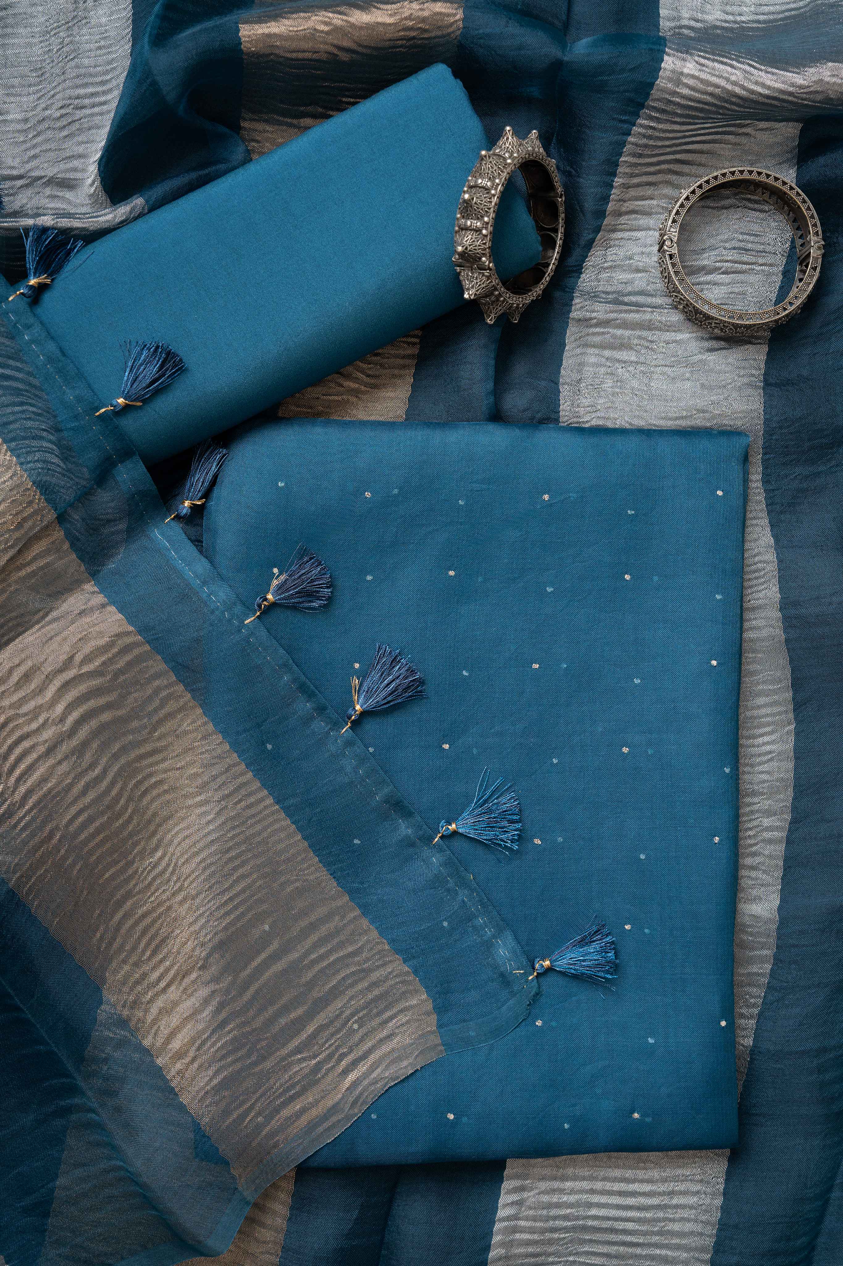 Peacock  Blue Organza  Mukaish Worl Kurta and two tone Crush Tissue Stripes Dupatta Suit Material