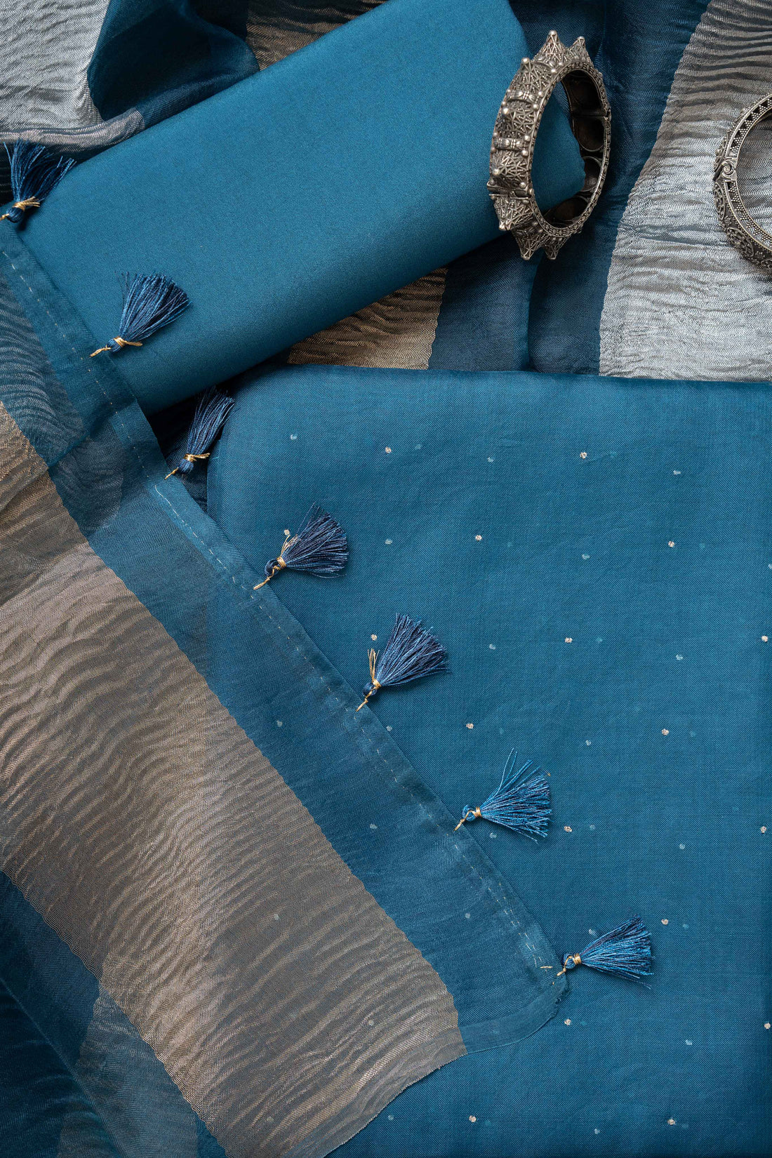 Peacock  Blue Organza  Mukaish Worl Kurta and two tone Crush Tissue Stripes Dupatta Suit Material