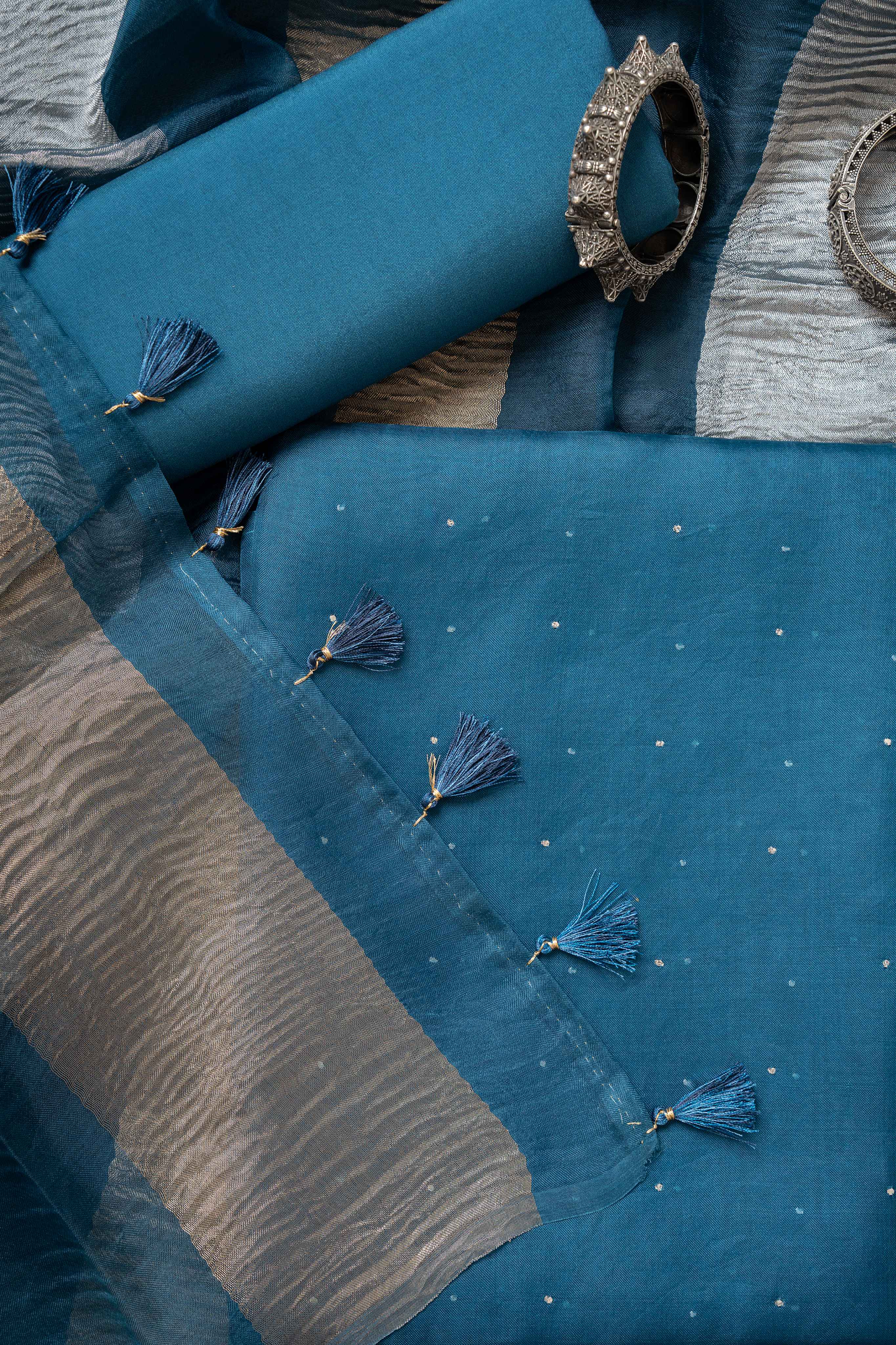 Peacock  Blue Organza  Mukaish Worl Kurta and two tone Crush Tissue Stripes Dupatta Suit Material