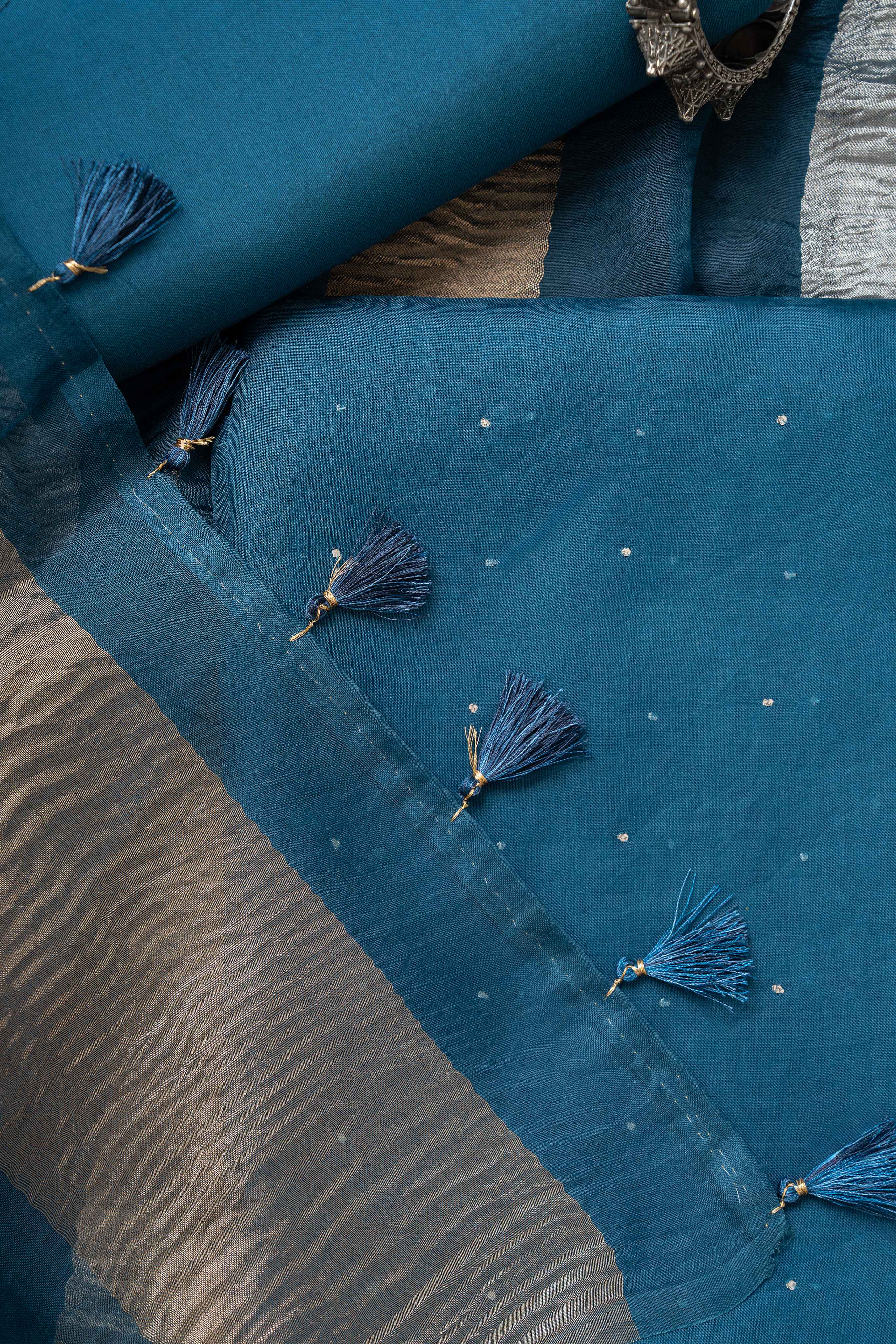 Peacock  Blue Organza  Mukaish Worl Kurta and two tone Crush Tissue Stripes Dupatta Suit Material