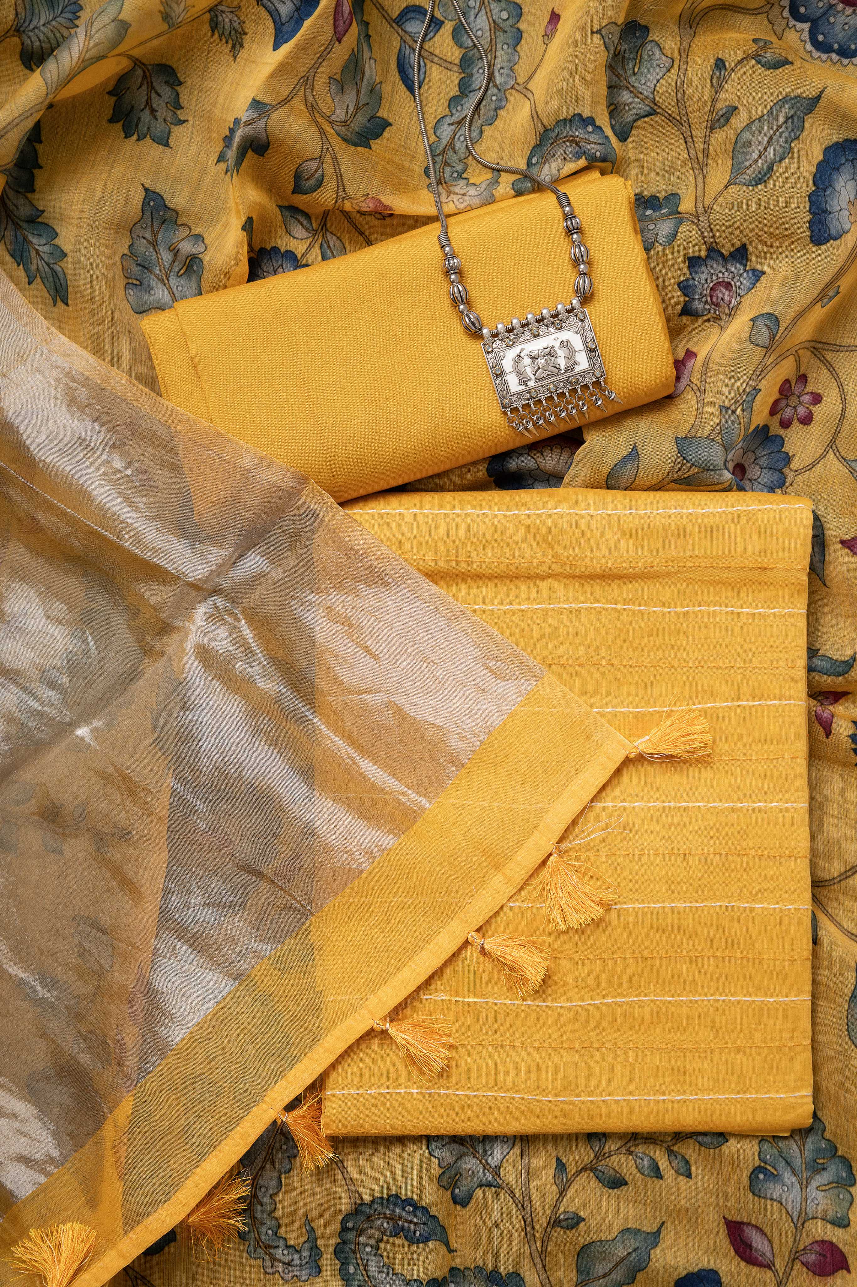 Marigold Yellow Tissue Pallu Chanderi Digital Print Dupatta and Kantha Kurta with bottom