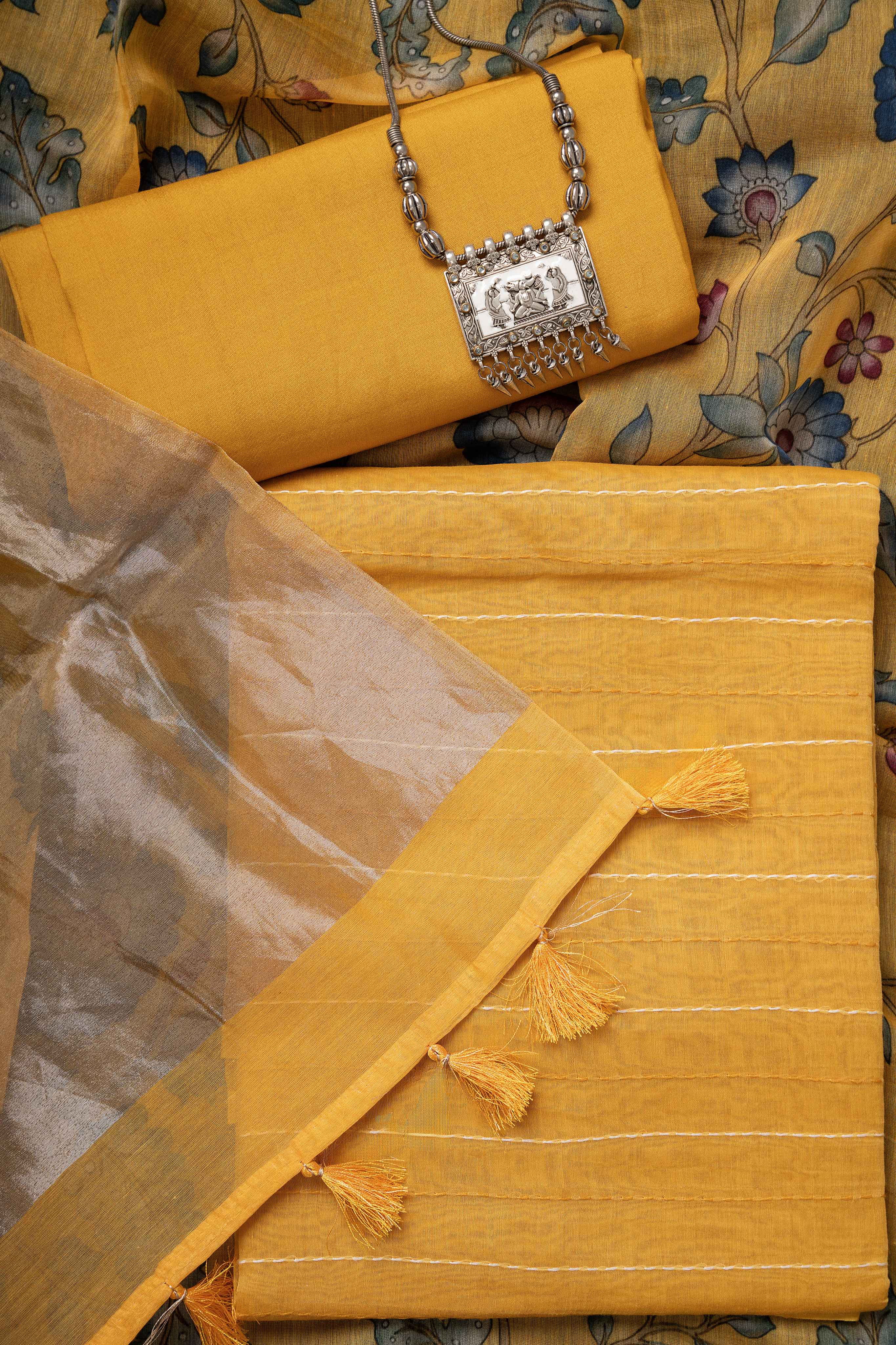 Marigold Yellow Tissue Pallu Chanderi Digital Print Dupatta and Kantha Kurta with bottom