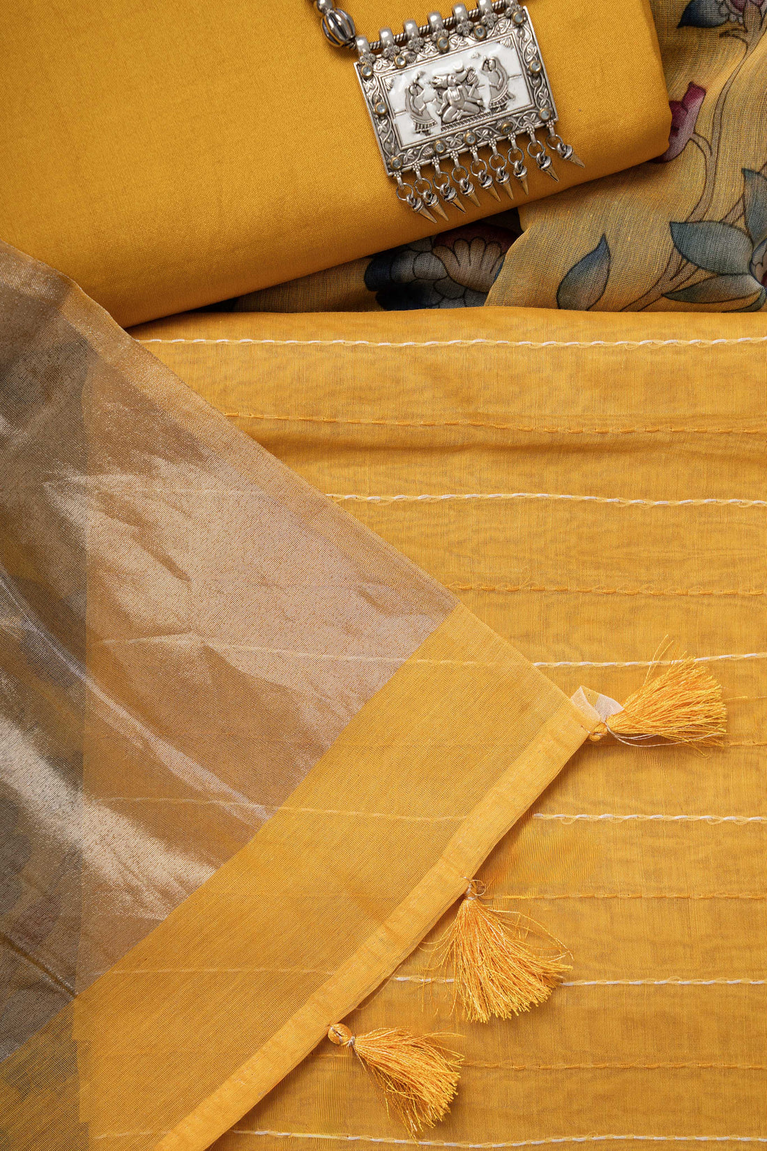 Marigold Yellow Tissue Pallu Chanderi Digital Print Dupatta and Kantha Kurta with bottom