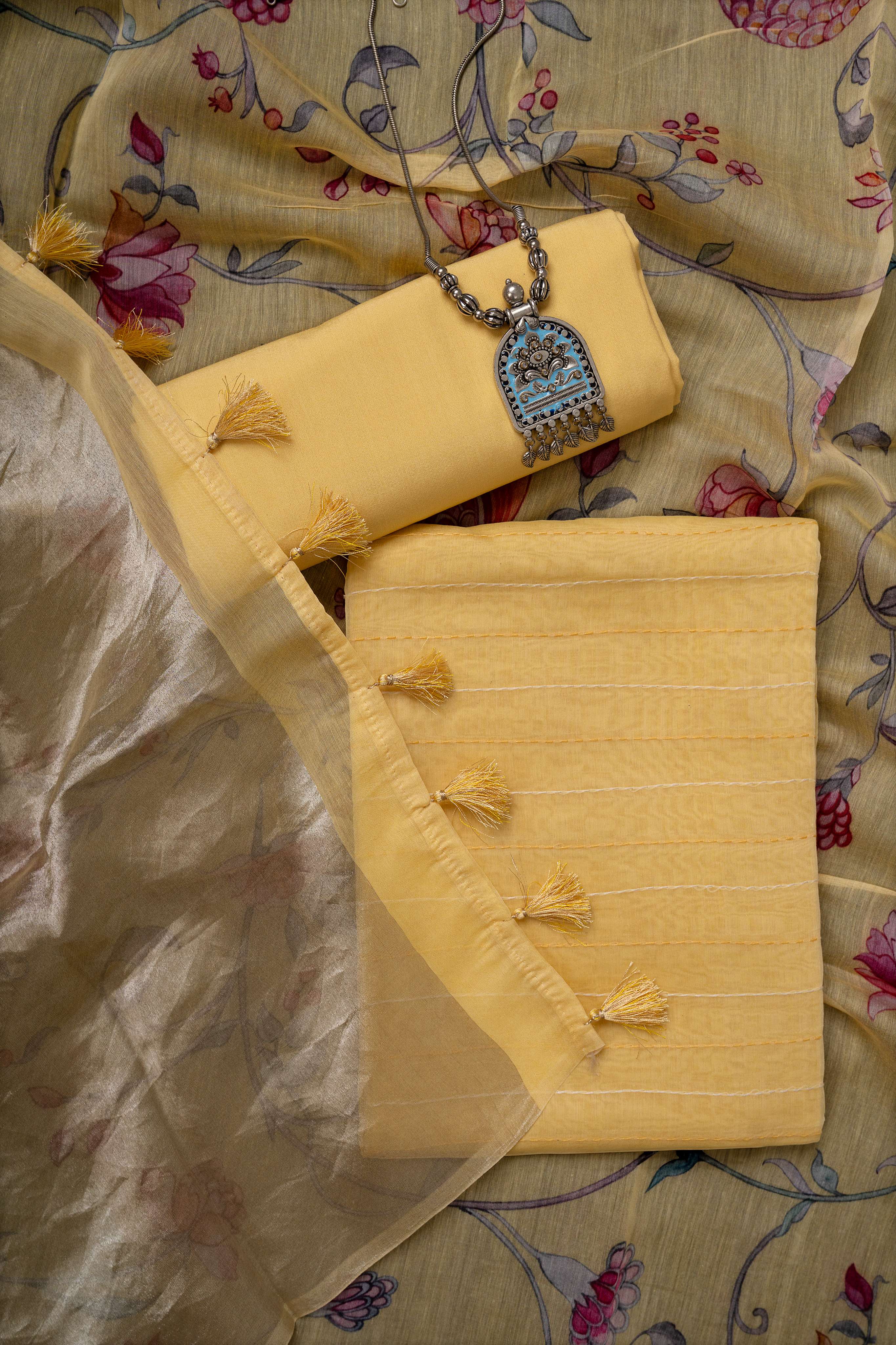 Yellow Tissue Pallu Chanderi Digital Print Dupatta and Kantha Kurta with bottom