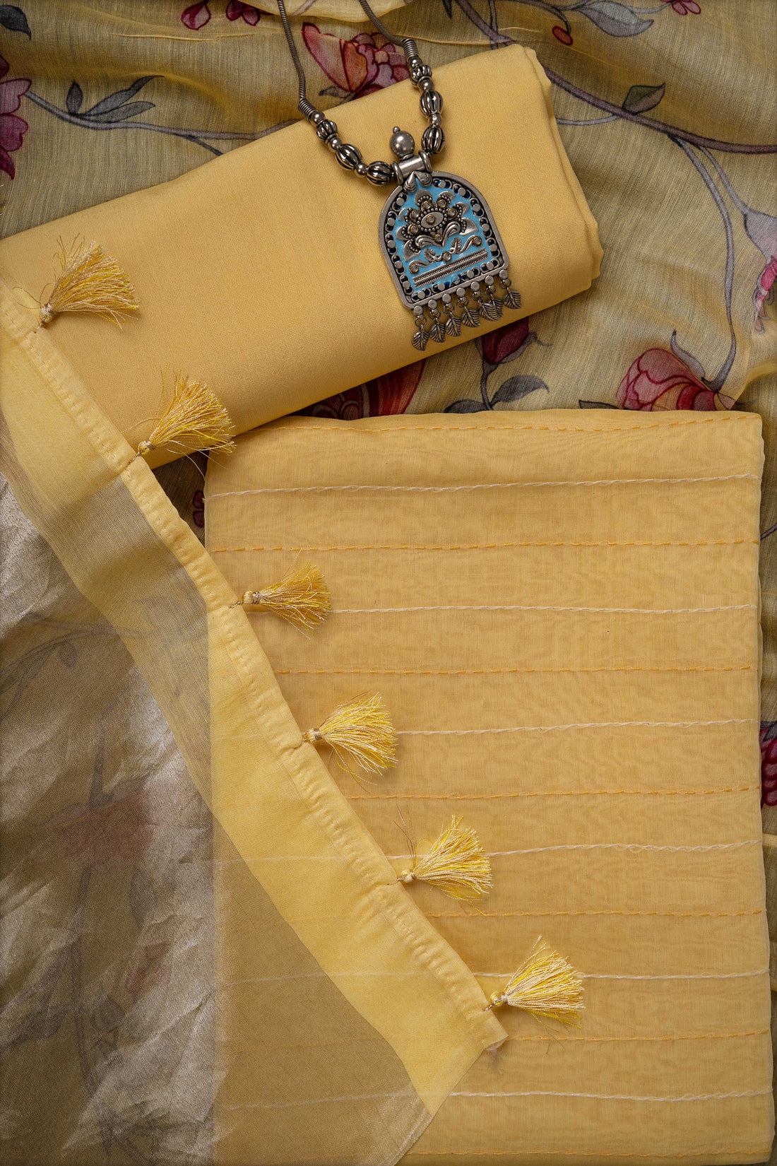 Yellow Tissue Pallu Chanderi Digital Print Dupatta and Kantha Kurta with bottom