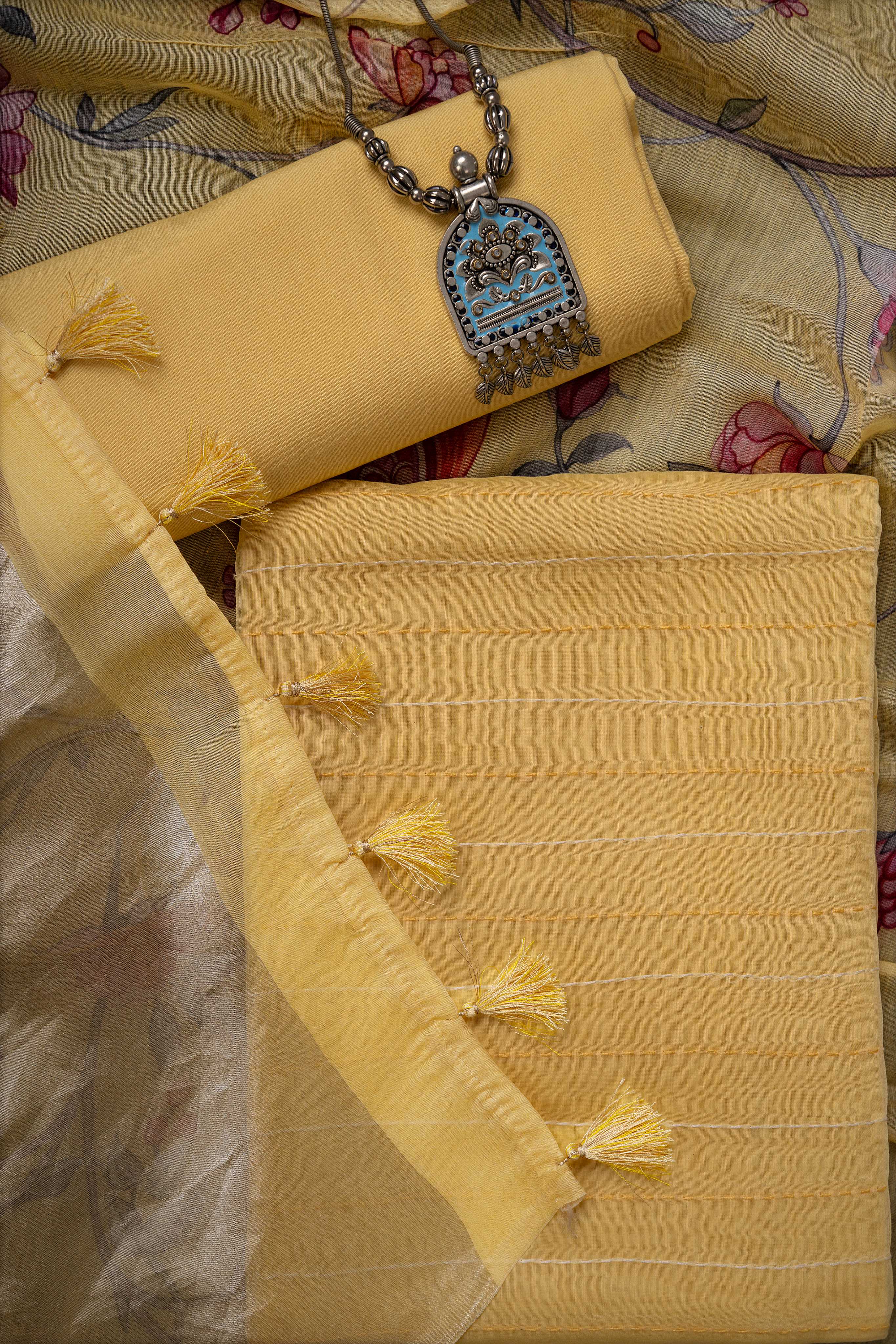 Yellow Tissue Pallu Chanderi Digital Print Dupatta and Kantha Kurta with bottom
