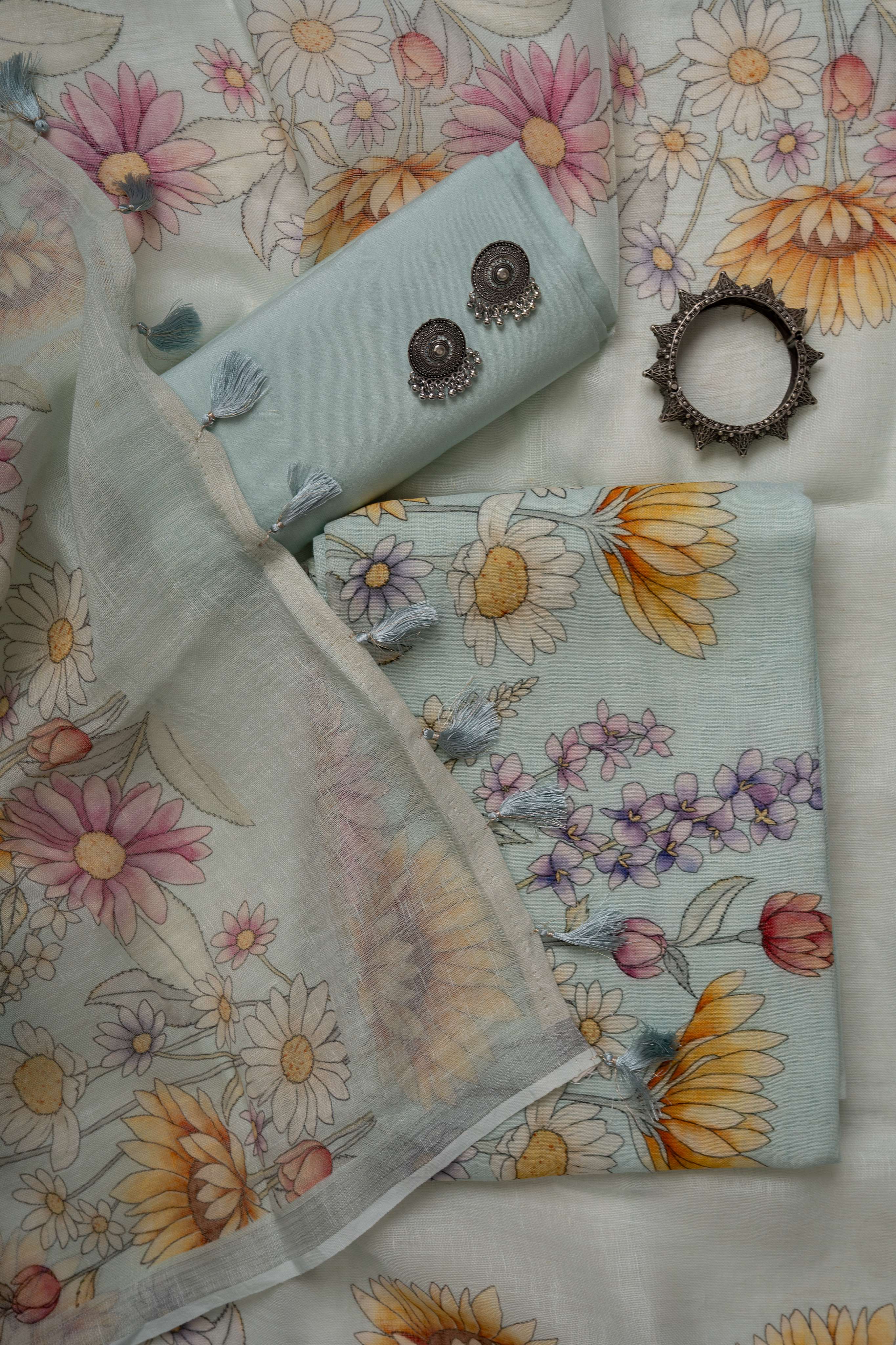 Pale Aqua Digital Print Floral Suit Material