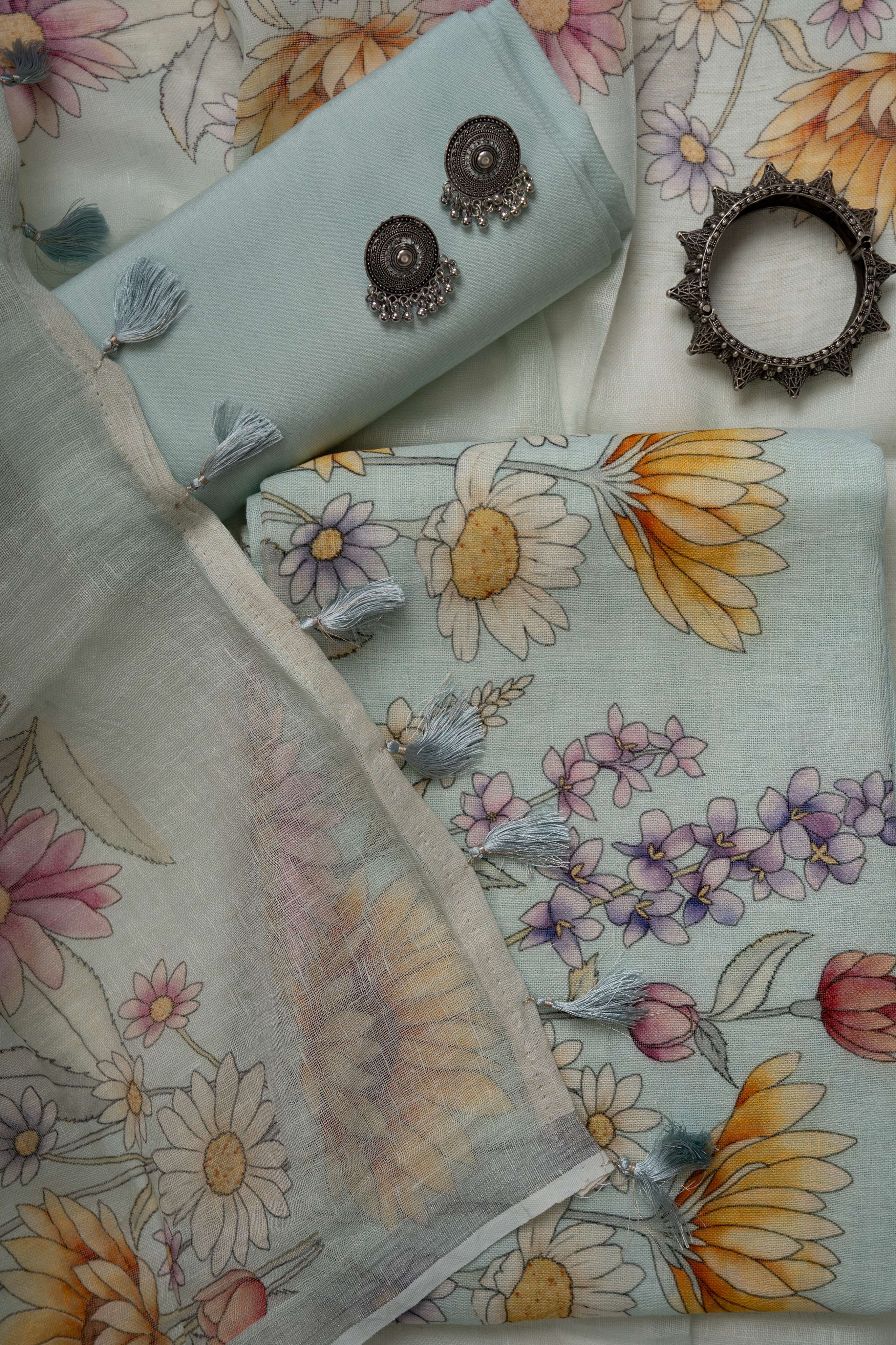 Pale Aqua Digital Print Floral Suit Material