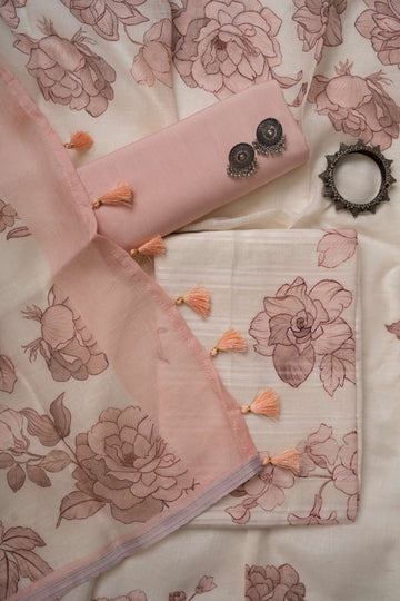 White and Peach Self Weaving Linen Digital Floral Print Suit Material
