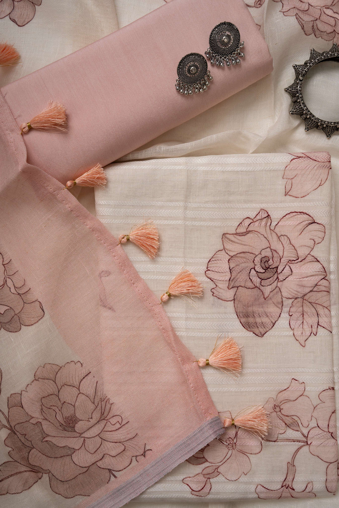 White and Peach Self Weaving Linen Digital Floral Print Suit Material