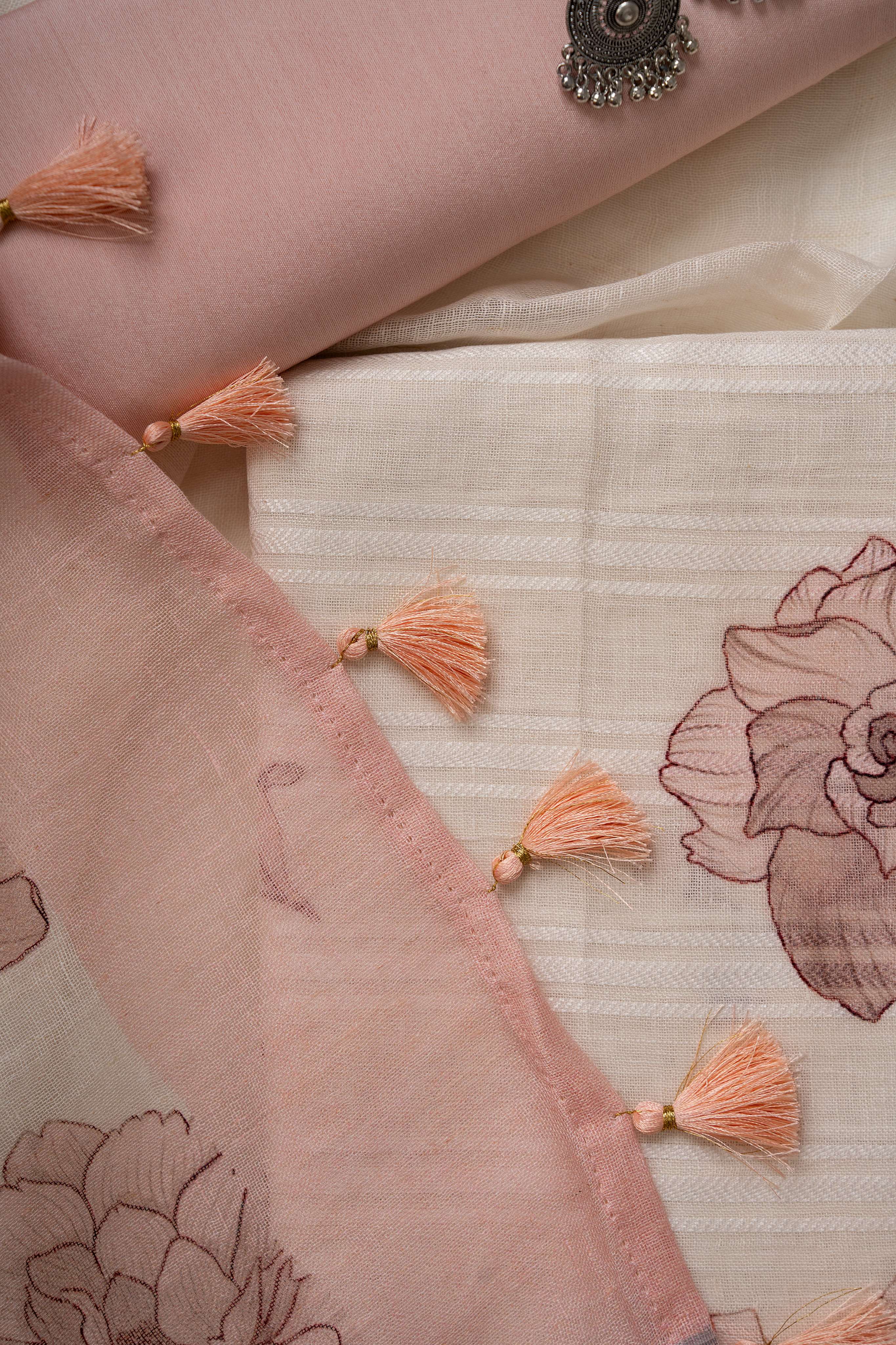 White and Peach Self Weaving Linen Digital Floral Print Suit Material