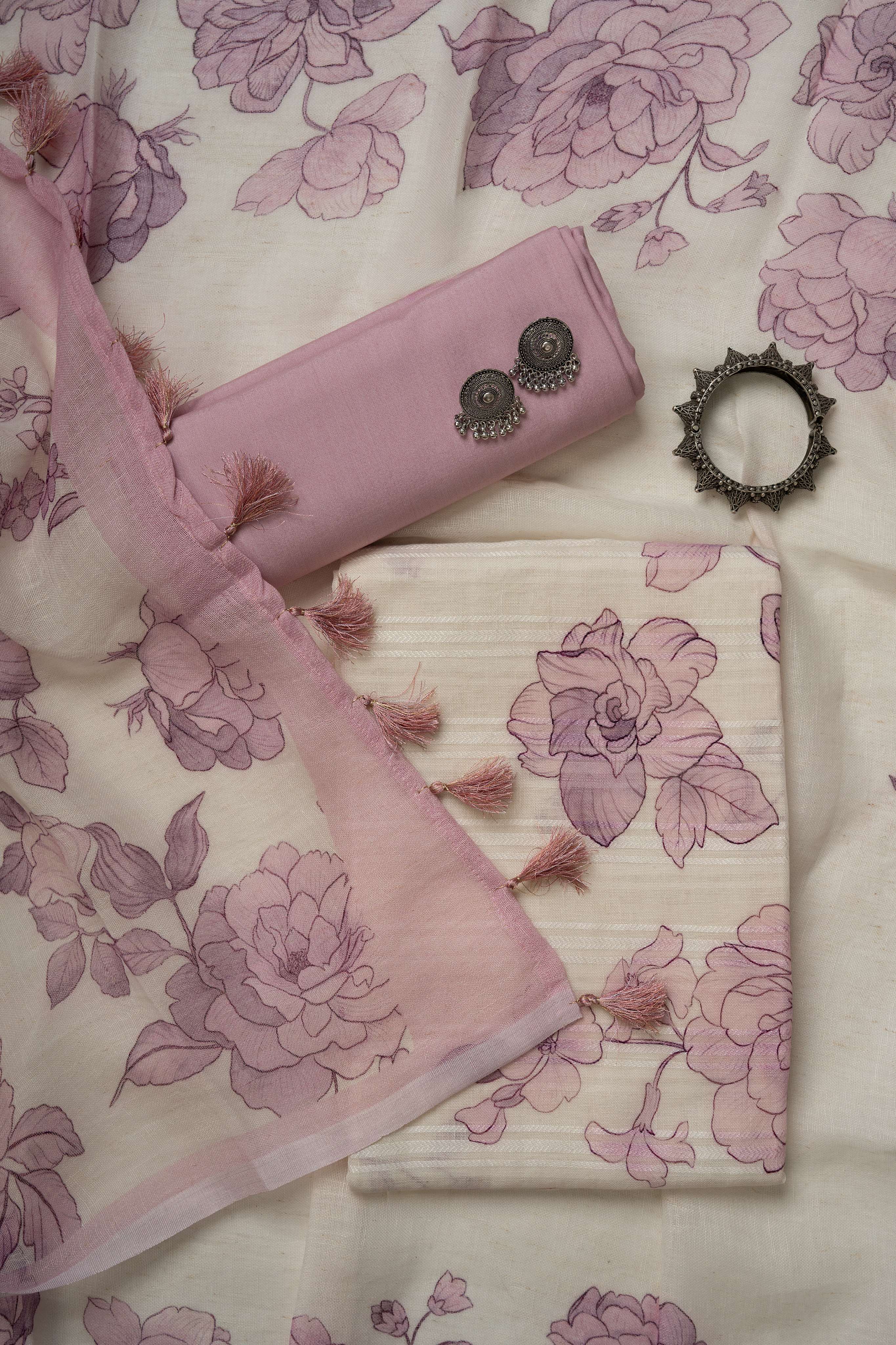 White and pink self weaving  Linen Digital Print Froral Suit Material