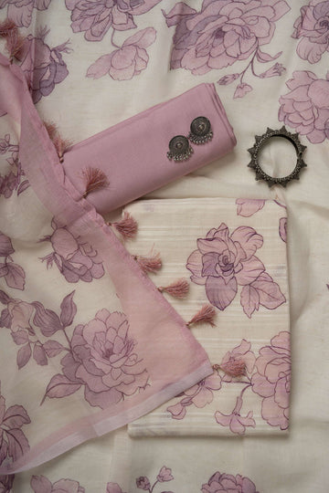 White and pink self weaving  Linen Digital Print Froral Suit Material