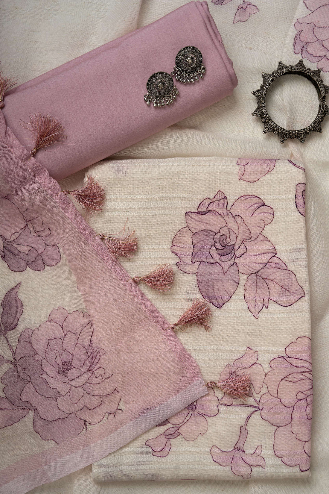 White and pink self weaving  Linen Digital Print Froral Suit Material