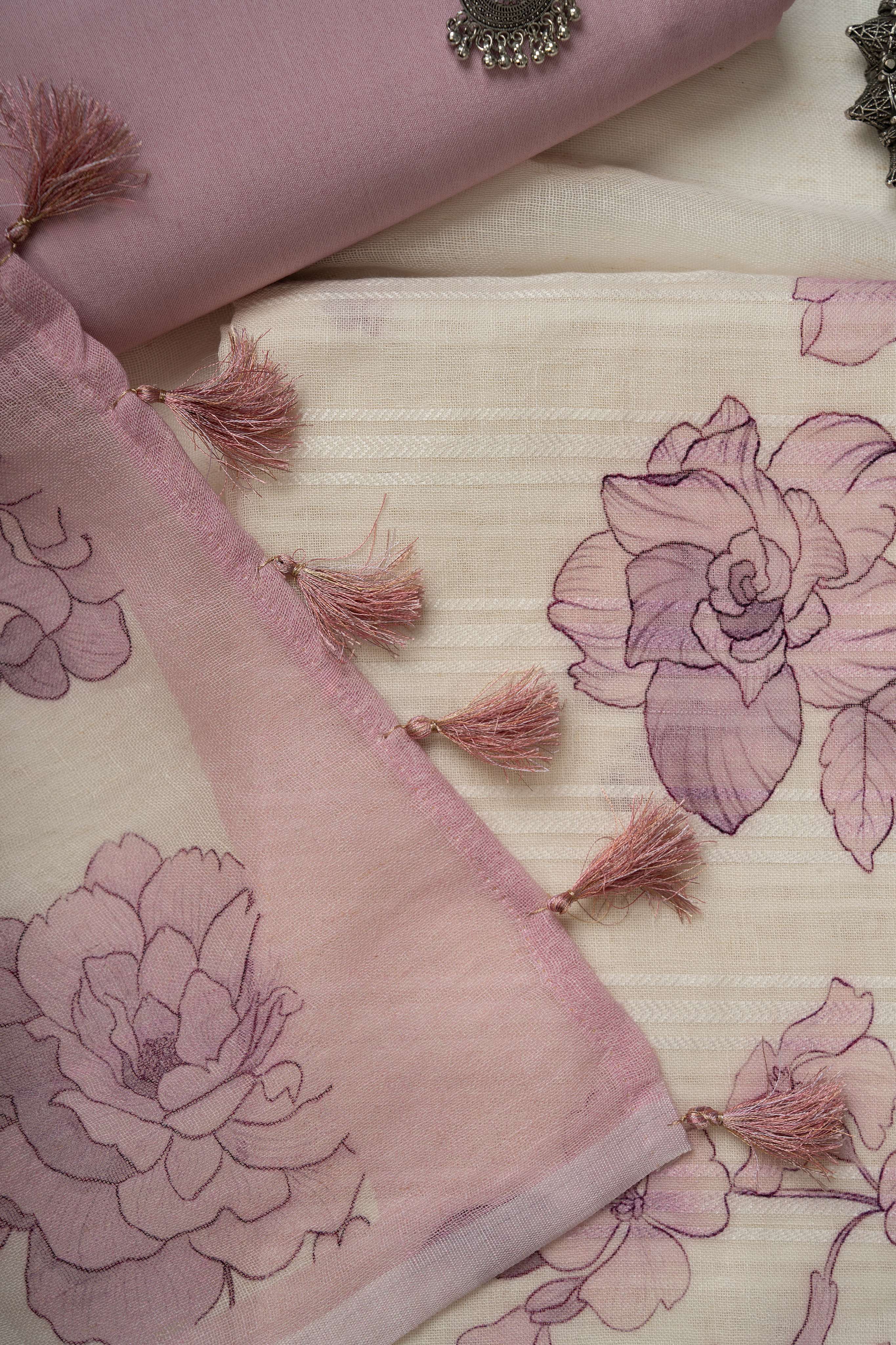 White and pink self weaving  Linen Digital Print Froral Suit Material
