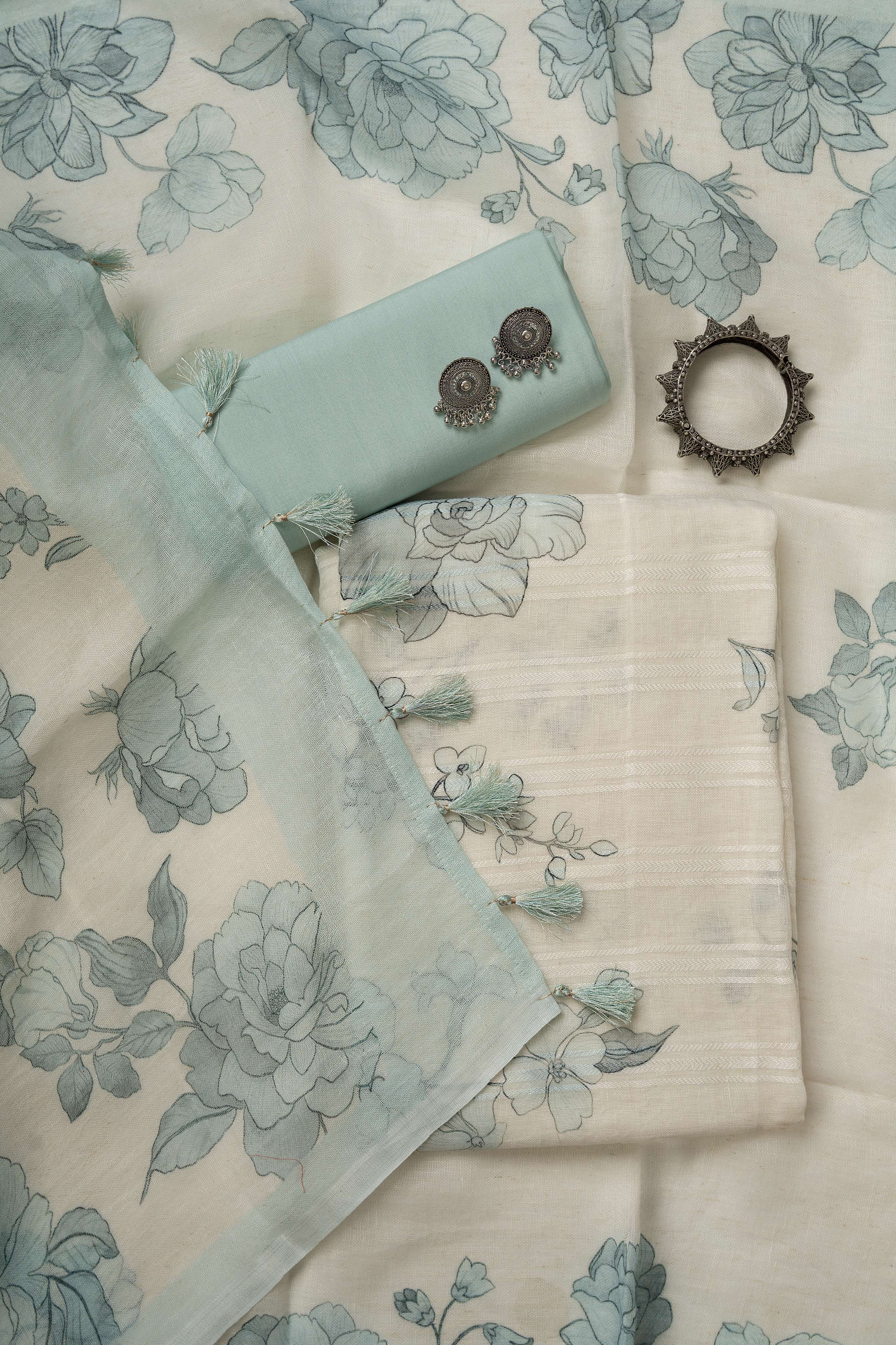 White and Sky Blue self weaving  Linen Digital Print Froral Suit Material