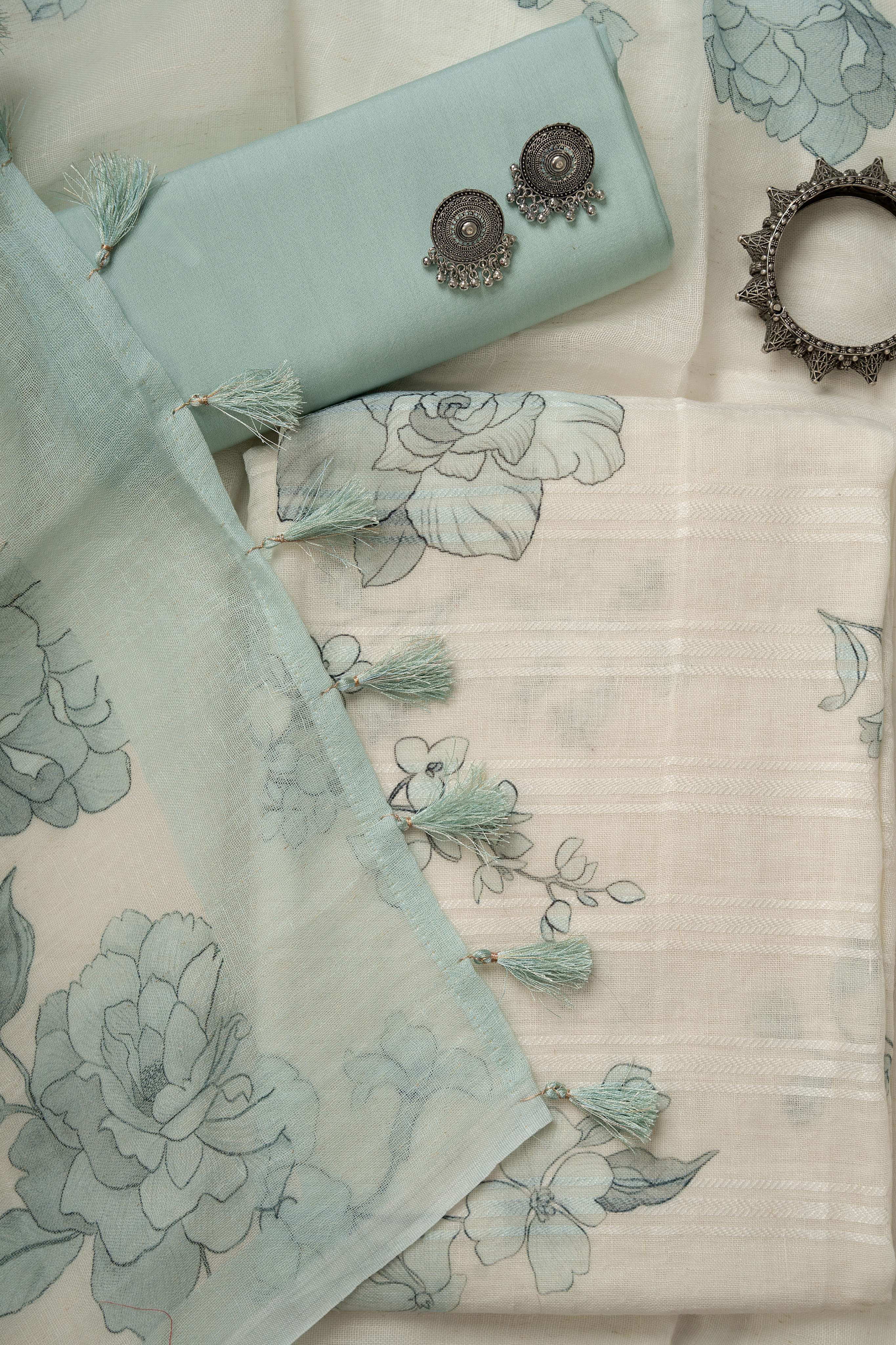White and Sky Blue self weaving  Linen Digital Print Froral Suit Material