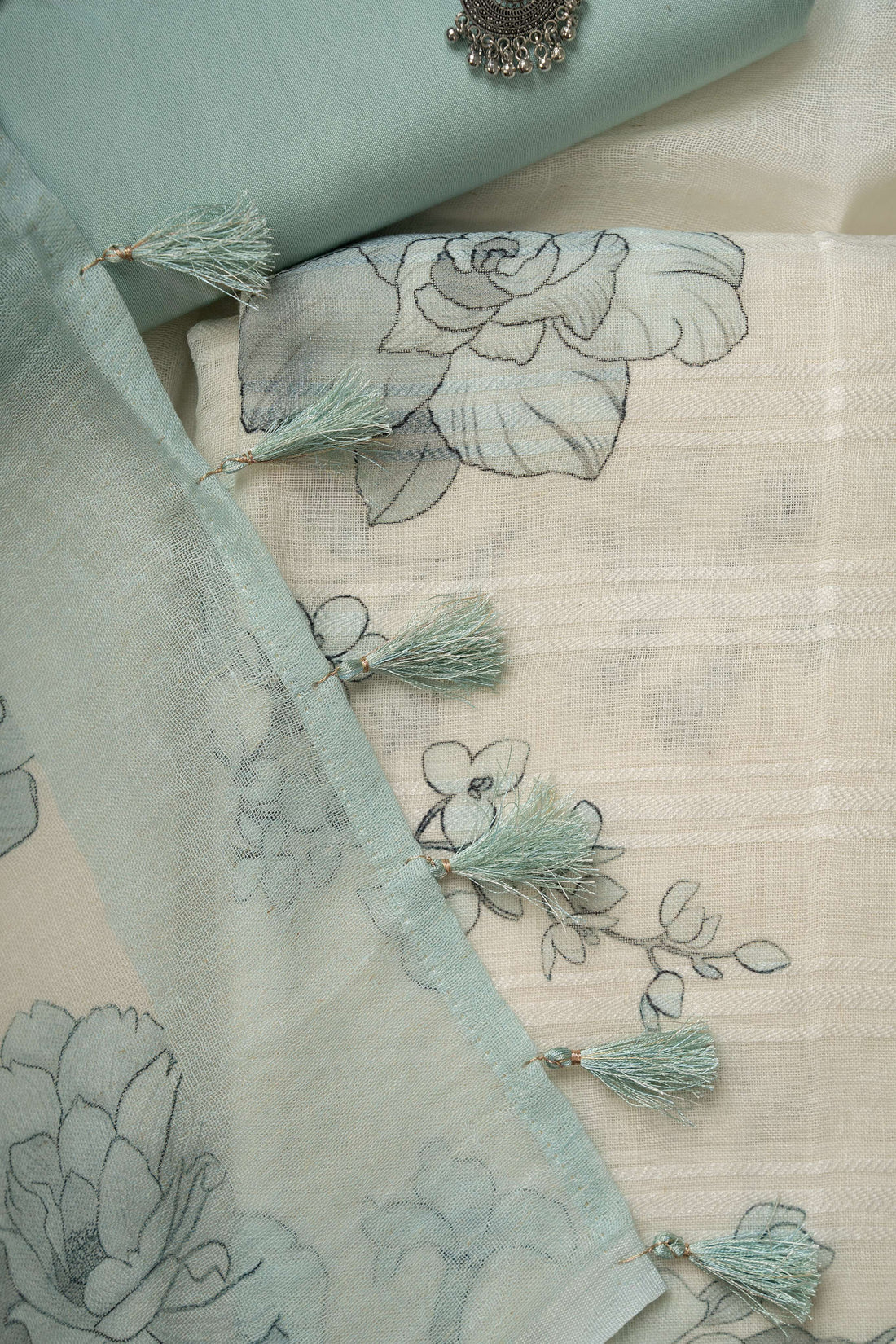 White and Sky Blue self weaving  Linen Digital Print Froral Suit Material