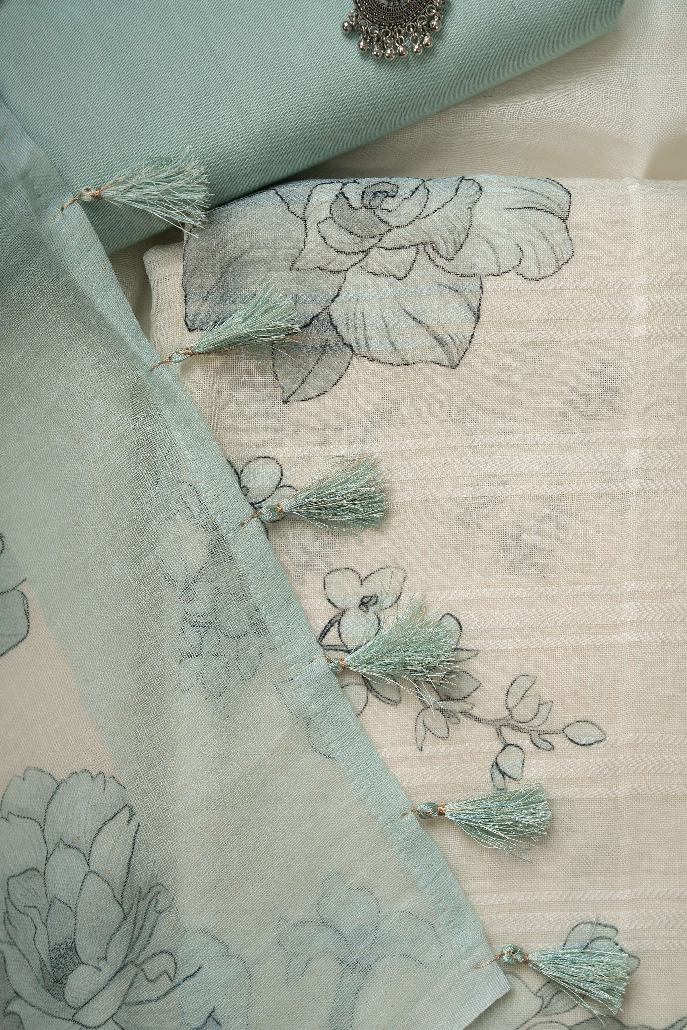 White and Sky Blue self weaving  Linen Digital Print Froral Suit Material