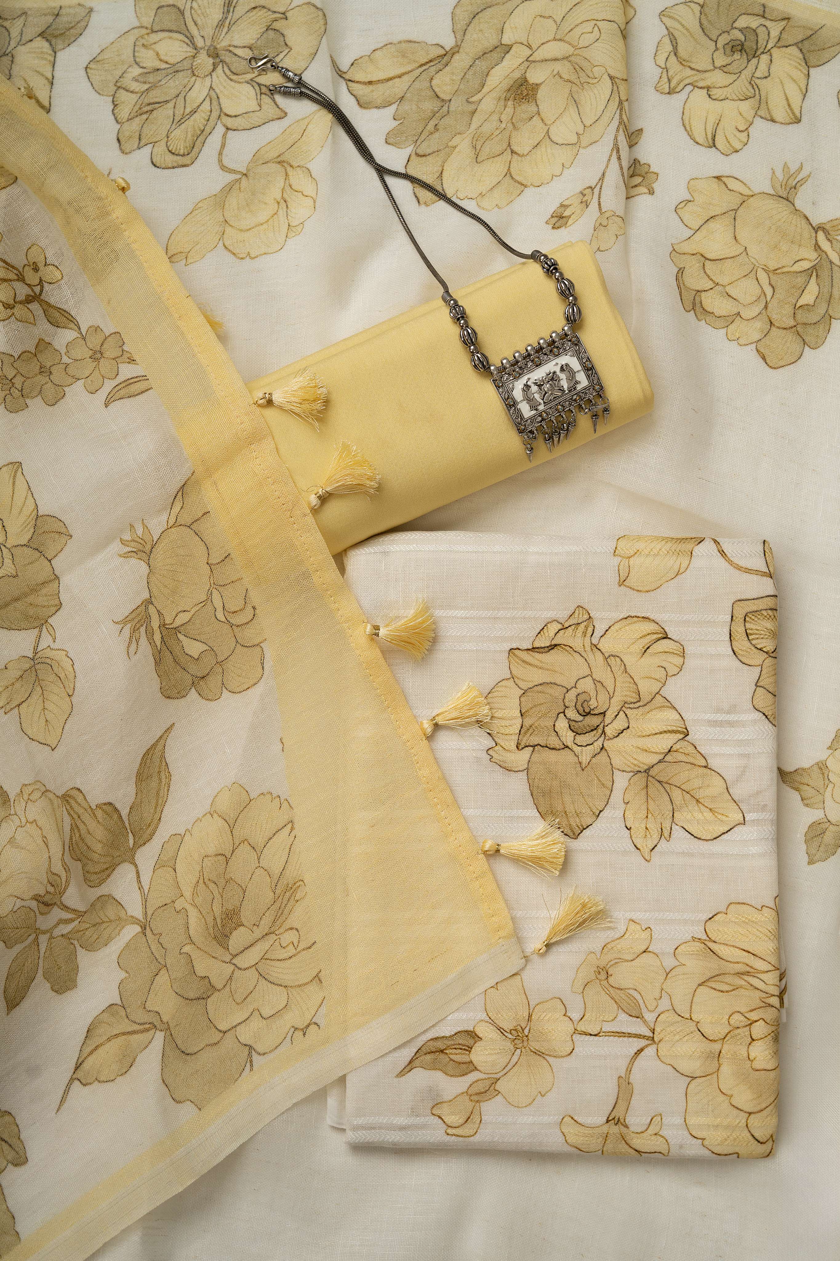 White and yellow self weaving Linen Digital Print Froral Suit Material