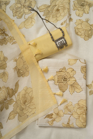 White and yellow self weaving Linen Digital Print Froral Suit Material
