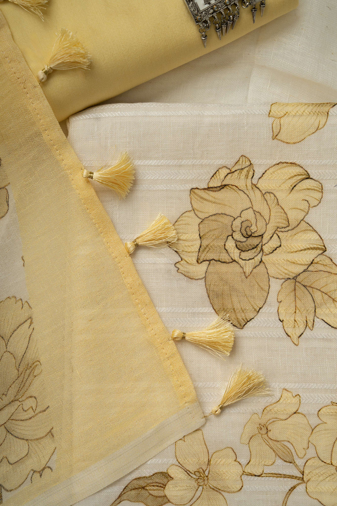 White and yellow self weaving Linen Digital Print Froral Suit Material